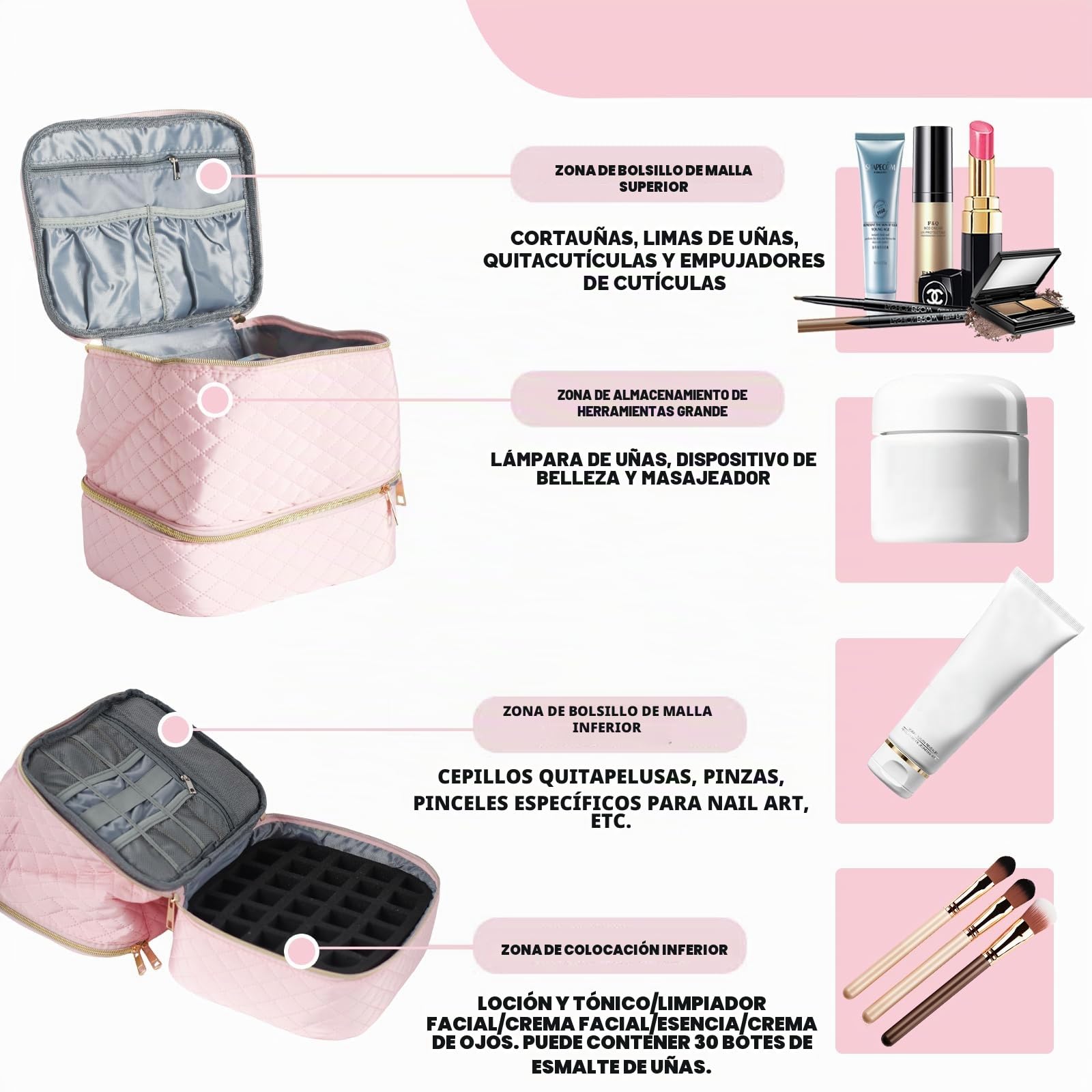 Maletin Manicura Organizador Esmaltes Uñas de Doble Capa, Portátil Maletin Uñas Organizador Pintauñas para 30 Frascos, Lámpara de Uñas y Aceesorios(Rosa)