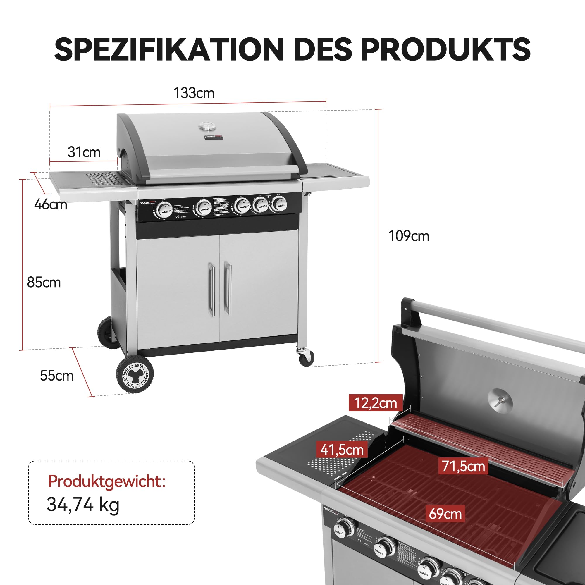 Royal Gourmet 4+1 Brenner Gasgrill Grillwagen mit Unterschrank, Edelstahlbrenner mit 14,5 kW und automatischer Zündung Campinggrill mit Seitenbrenner Silber