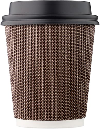 Paquete de 150 tazas de café desechables de 8 onzas, taza de papel de doble pared con tapa, diseño geométrico marrón, té bebidas de chocolate