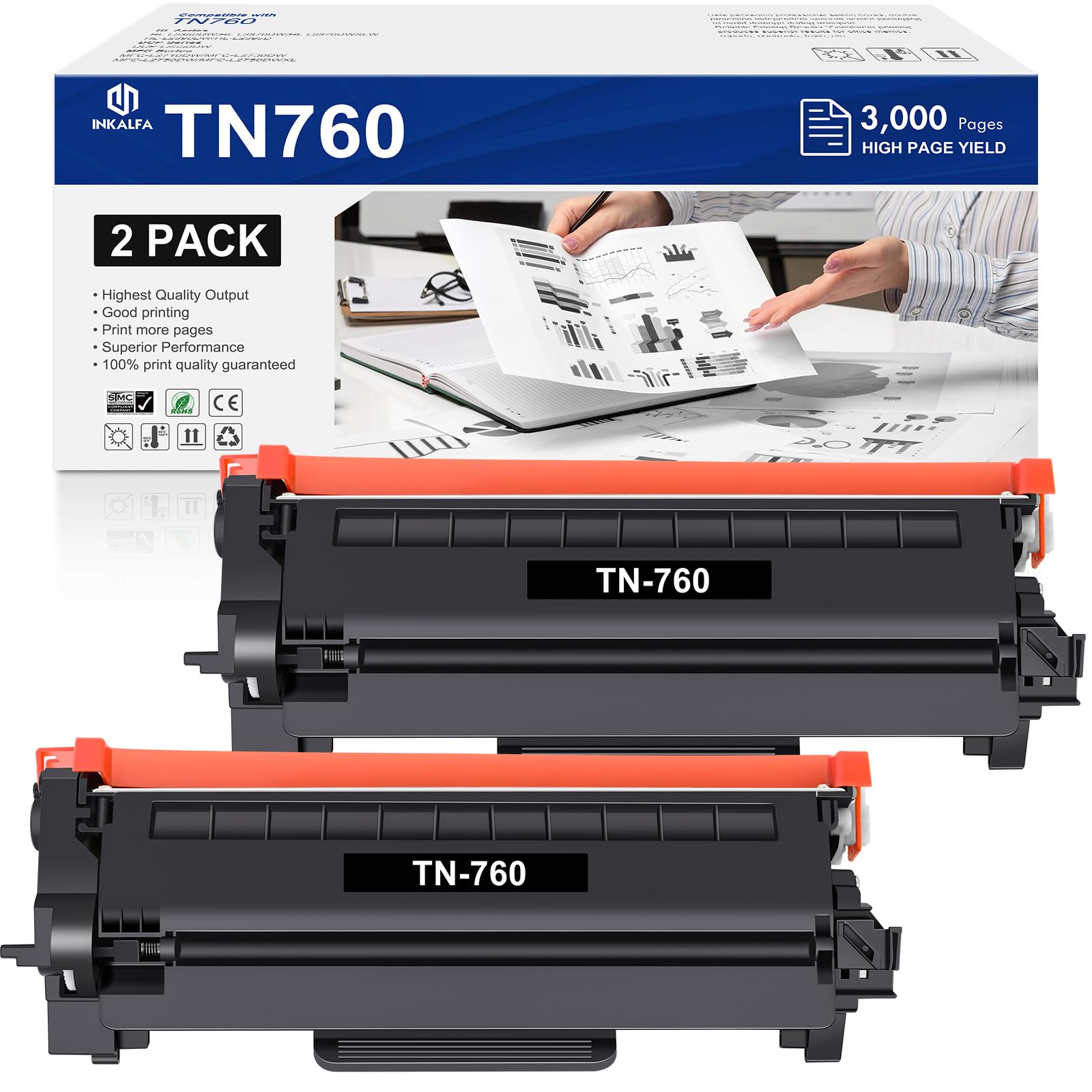 TN760 TN-760 TN-730 TN730 Toner Cartridge 2-Pack High-Yield Black Compatible for Brother TN760 TN730 TN-760 TN-730 TN 760 730 for DCP-L2550DW HL-L2390DW MFC-L2710DW HL-L2370DW MFC-L2750DW Printer