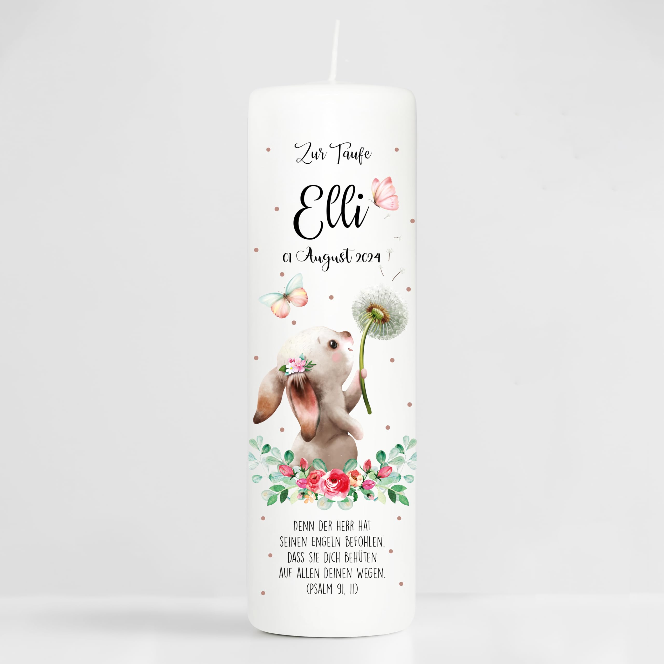 Wandtattoo Loft Taufkerze Mädchen oder Junge mit Taufspruch + Patenkerze, Motiv Hase mit Pusteblume, 25cm x 7cm, personalisierte Kerze, bedruckte Kerze zur Taufe, Stumpenkerze, Taufgeschenk