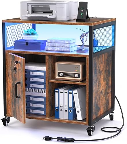 LOWOSA Archivador de ruedas LED con cerradura, archivadores con estación de carga, soporte de impresora con almacenamiento para oficina y hogar,