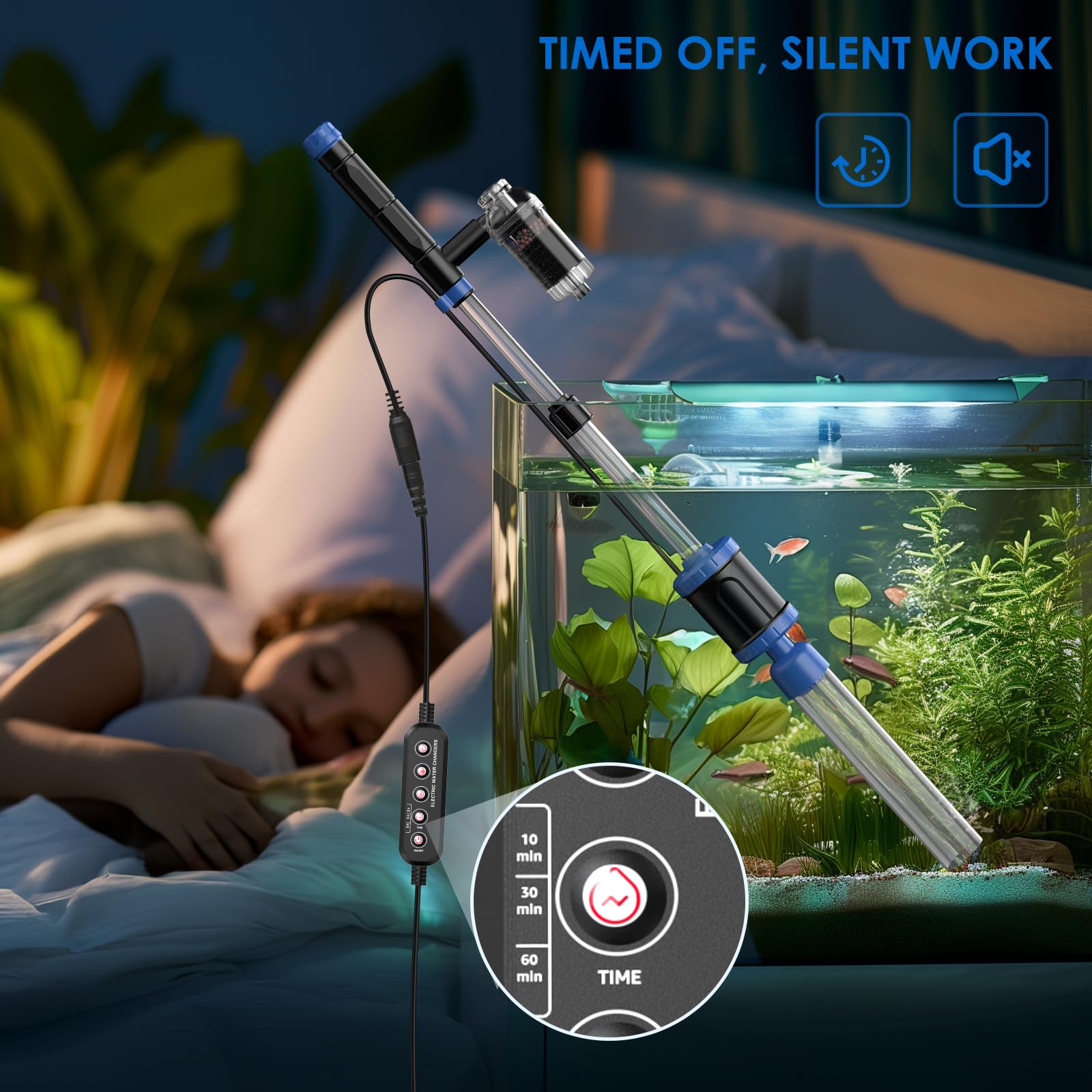 Aspiradora eléctrica de grava para acuarios: 36 W, aspiradora con fuerte succión para cambio de agua, lavado de arena, algas, ducha de agua y circulación de agua, temporizador apagado
