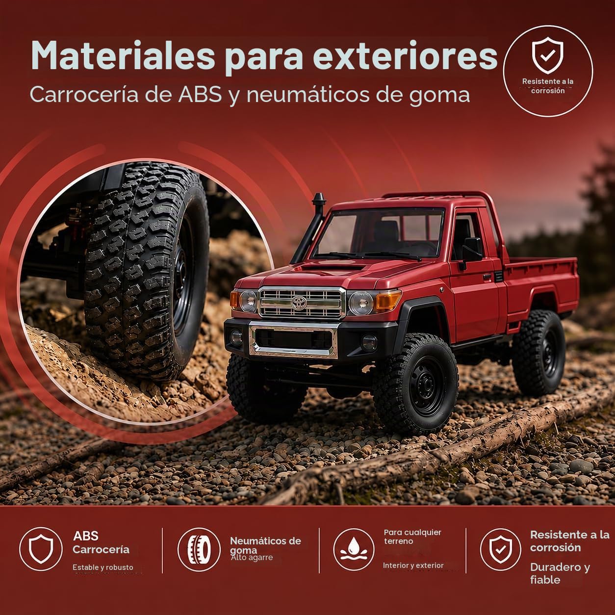 Toyota Land Cruiser | Coche RC teledirigido 1:12 | Pickup 4WD Crawler | Control 2,4 GHz 100 m | Luz LED | Batería Li-Ion 7,4 V 500 mAh 30 min | Juego completo RTR todoterreno (Rojo)