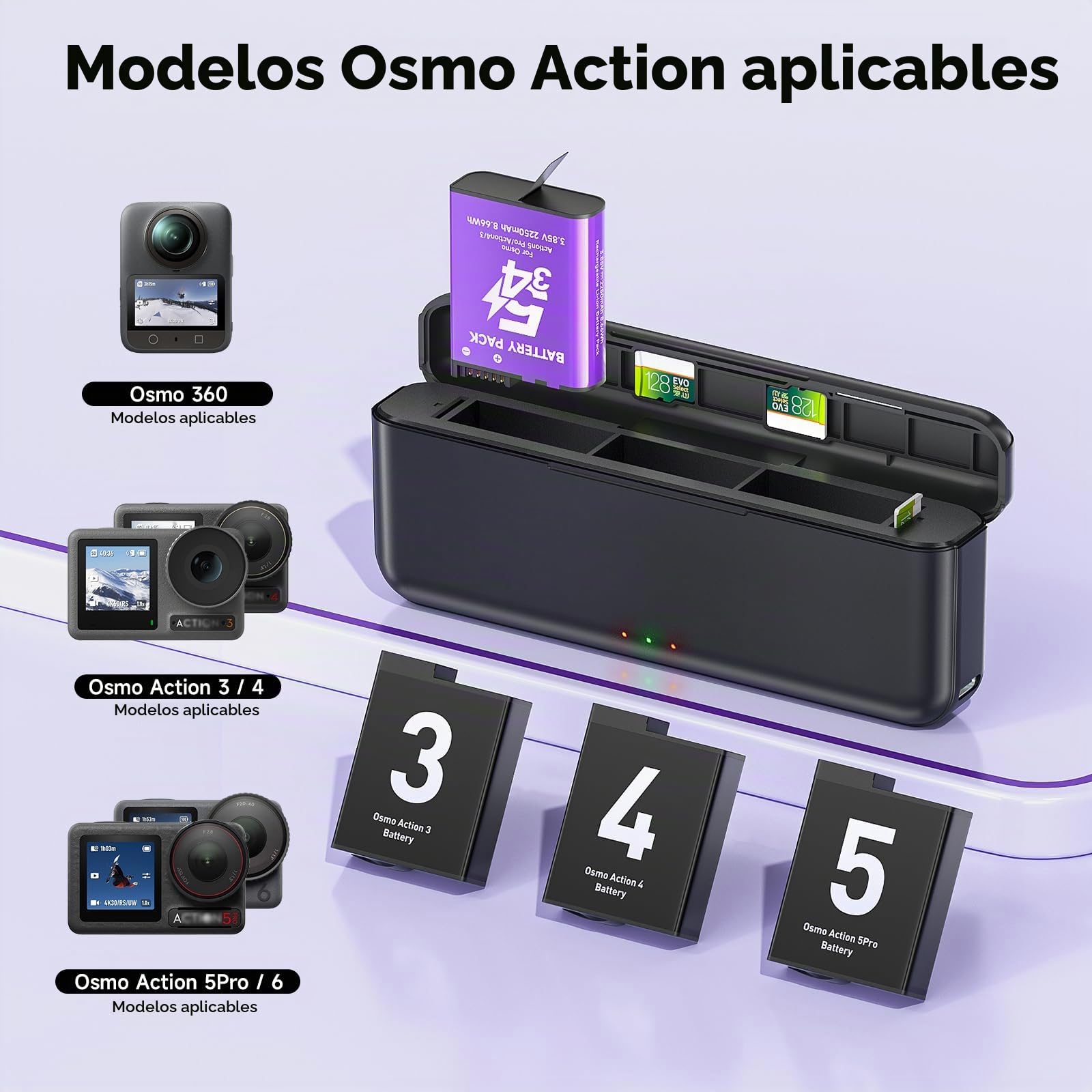 Osmo Action 6/5 Pro/4/3/360 Baterías y Cargador - 2250mAh Baterías para dji Osmo 360/Action 6/Action 5 Pro/Action 4/3, Estuche de Carga rápida USB con Cable Tipo C (2*Baterías+1*Cargador)