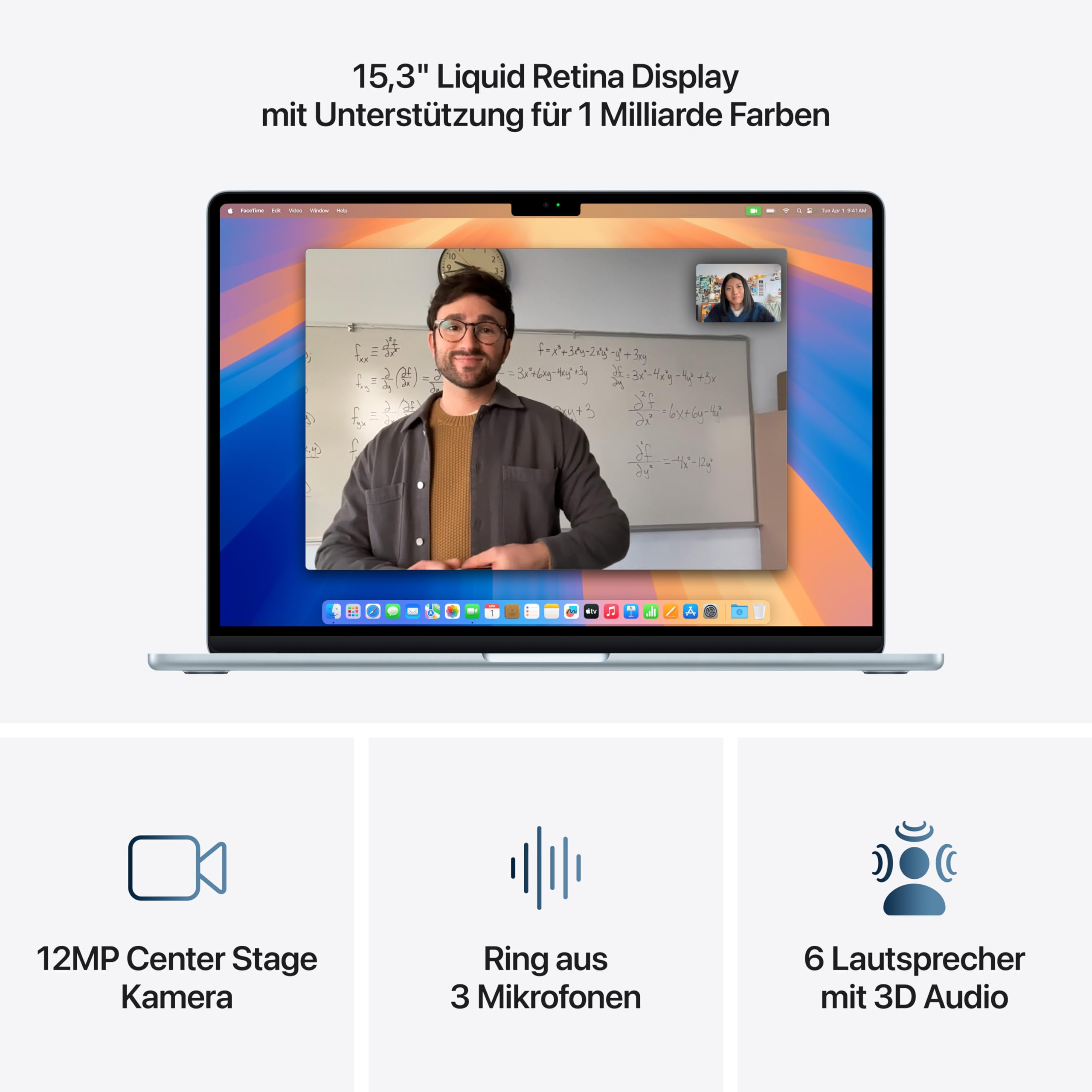 Apple MacBook Air (15", Apple M4 Chip mit 10‑Core CPU und 10‑Core GPU, 16GB Gemeinsamer Arbeitsspeicher, 256 GB) - Himmelblau