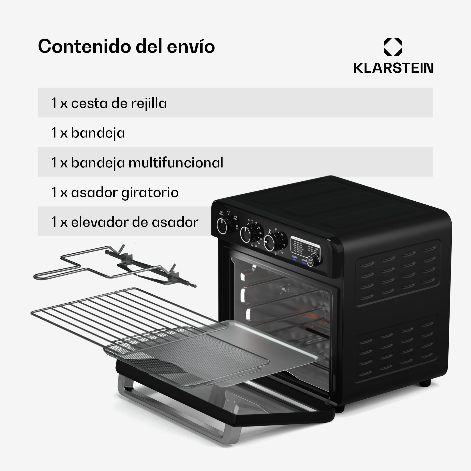 Klarstein AirGlaze Freidora De Aire – 34L, 2000W, 9 Programas, Control Giratorio, Ventana Panorámica, Accesorios Incluidos: Rejilla, Cesta, Bandeja & Asador, Negro
