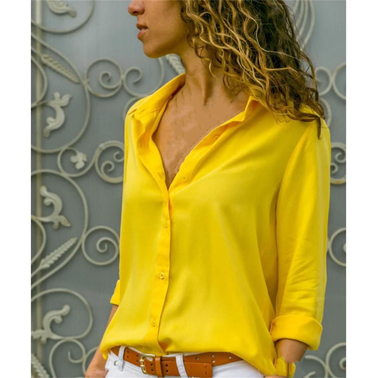 Blusa vintage para mujer, holgada, con botones, sencilla, lisa, de manga larga
