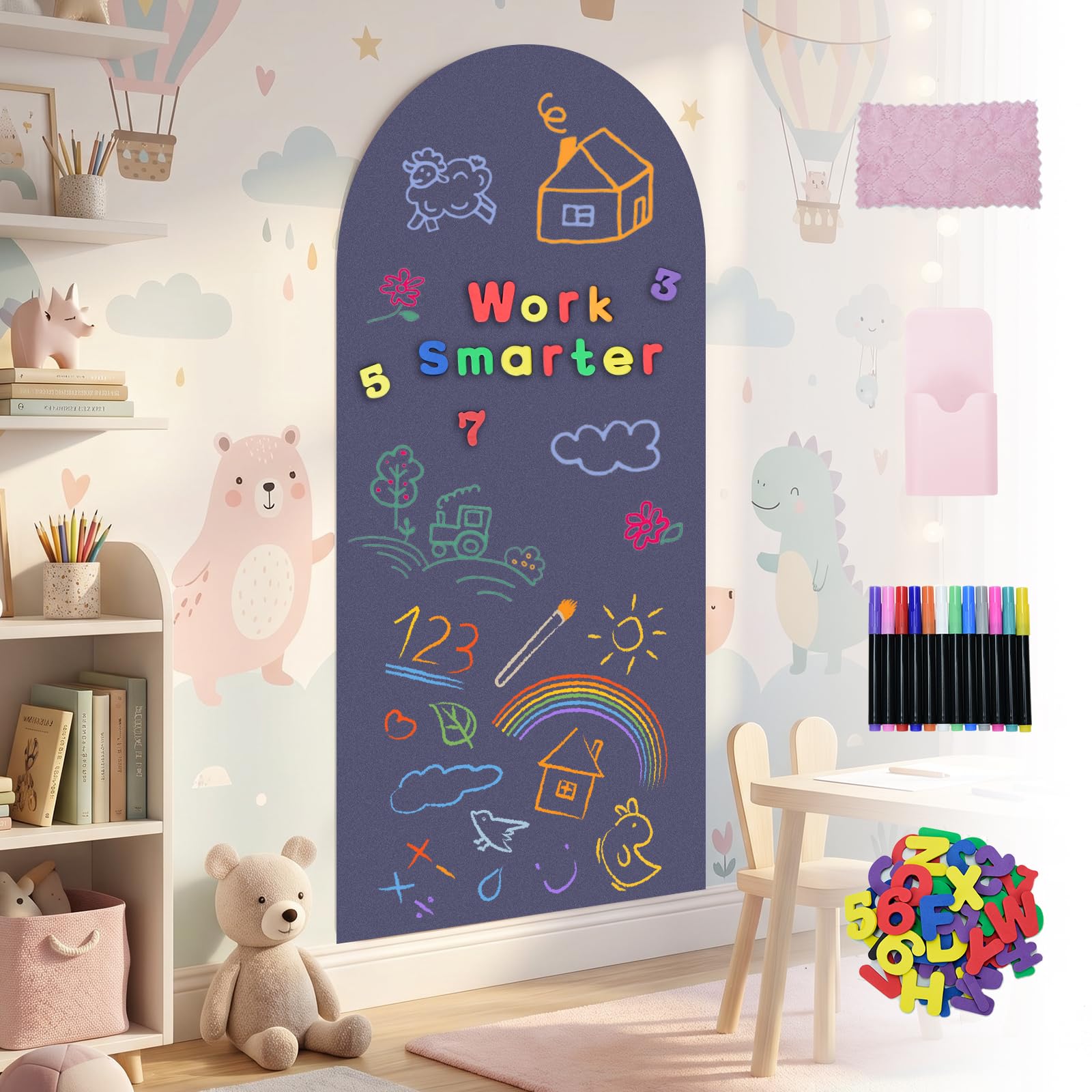 Lnopever Arch Magnetic Wall Decal 120x42cm, Self Adhesive Magnetic Chalkboard for Wall with 79pcs Letters and Numbers, 12 Liquid Pens, Magnet Board for Kids Playroom Home School