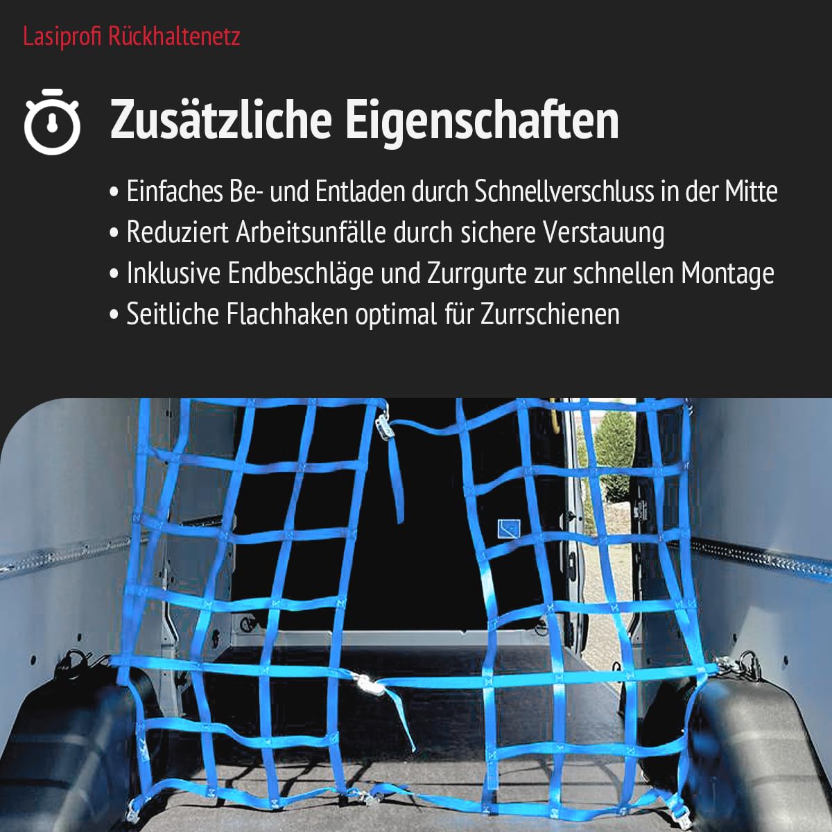 Rückhaltenetz Kleintransporter 25 mm blau für Laderaumtrennung | Polyester-Rückhaltenetz mit S-Haken für rückwärtige Ladungssicherung | Maße: 1775 x 1650-1950 mm; LC: 800 daN