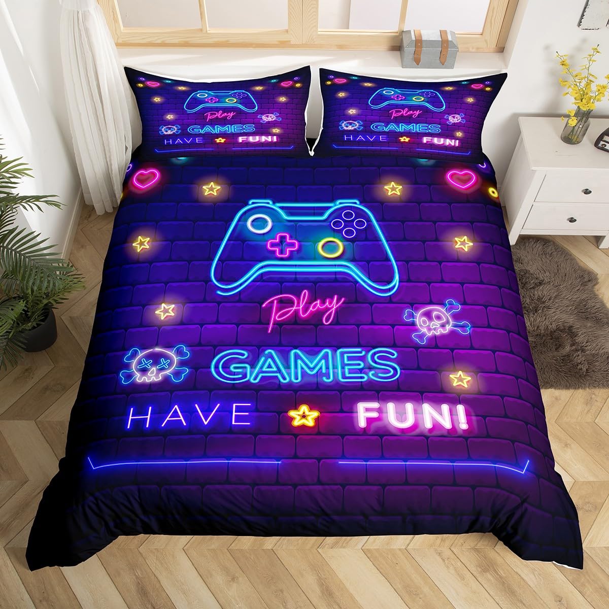 Homemissing Set di biancheria da letto per bambini, ragazzi e ragazze, con motivo videogiochi, con motivo videogiochi, colore: blu/viola, stile retrò, per camera da letto, 3 pezzi, per letto super