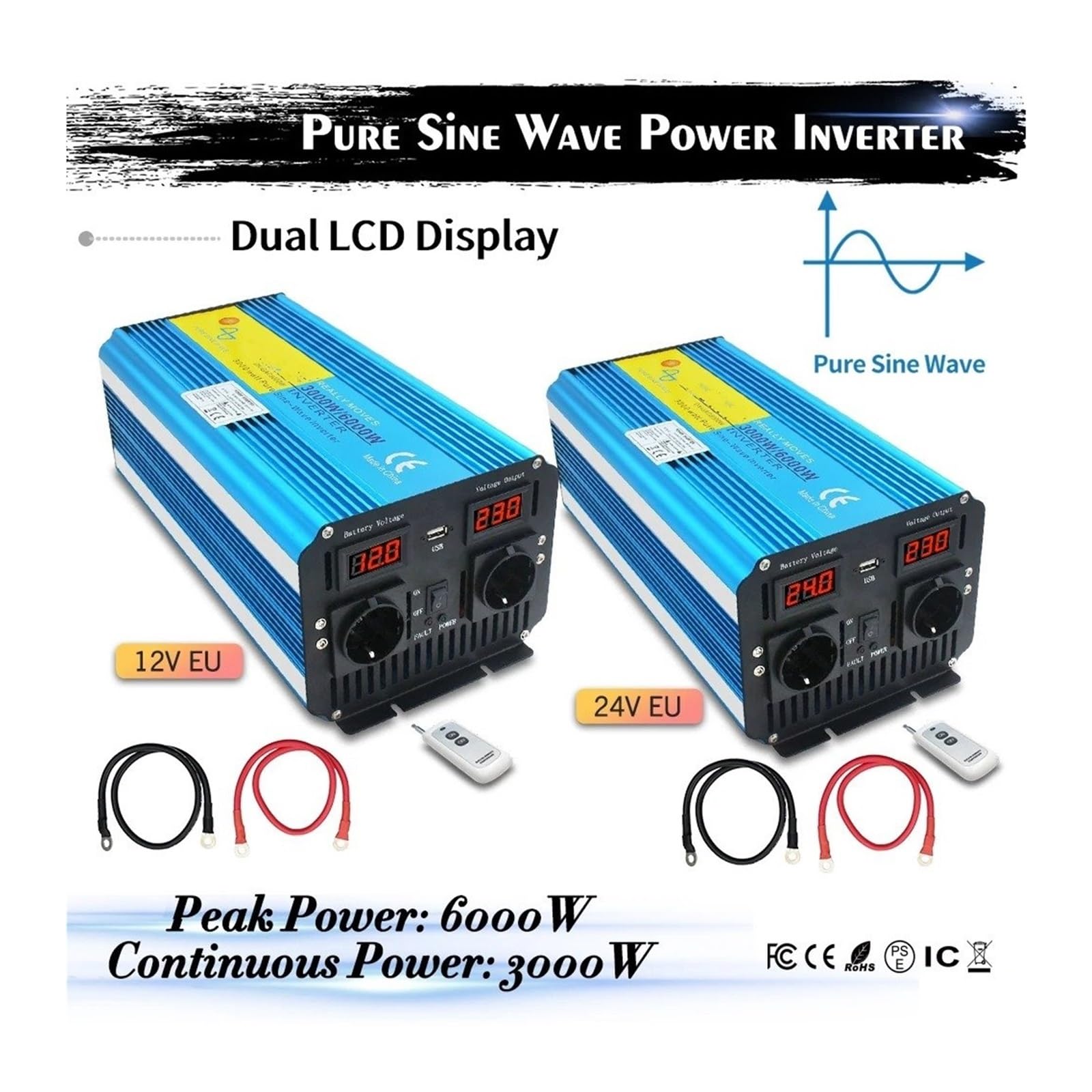 Convertidor Inversor Transformador Inversor Onda Sinusoidal Pura 8000W CC 12V/24V A CA 220 V/230 V Control Remoto Pantalla LCD Convertidor para Autocaravana Batería Solar(DC12V,50Hz EU,5000W Peak)