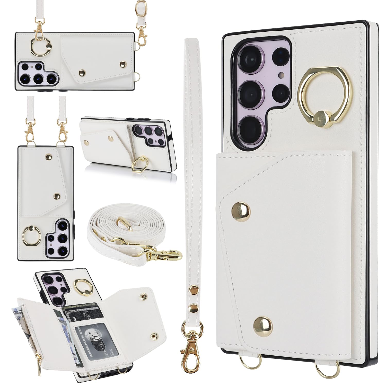 UEEBAI Crossbody Wallet Case for Samsung Galaxy S23 Ultra 5G, Card Slot Phone Case with Zipper Pocket Kickstand Purse Hand Strap Cover with Removable Crossbody Wrist Strap Flip Case - White