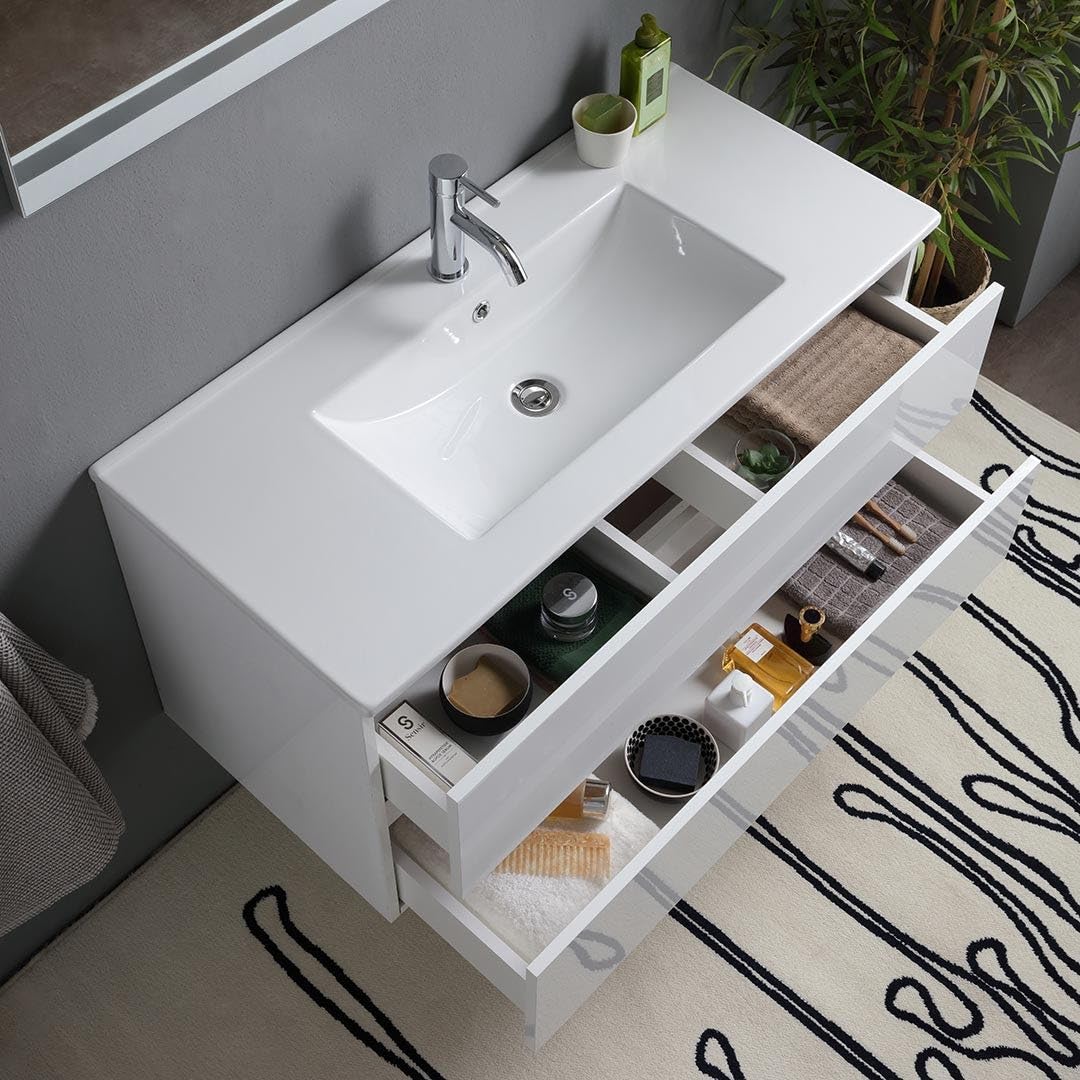 Kiamami Valentina - Mobile Bagno Con Cassetti 100Cm Bianco Lucido, Lavabo E Specchio Con Lampada | Benaco
