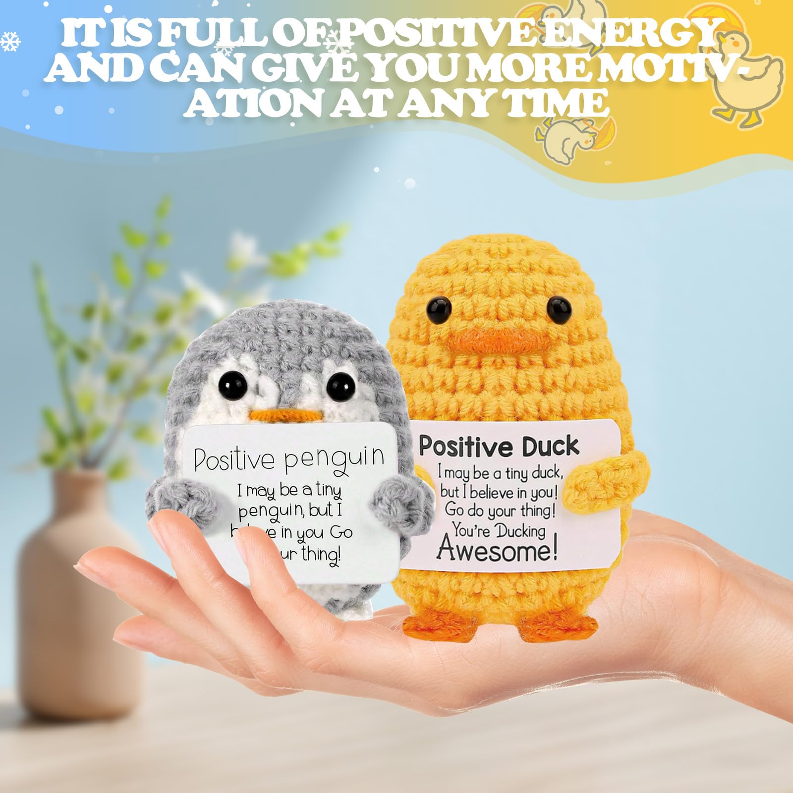Emotional Support Penguin & Funny Duck Crochet, 2PCS Pocket Hug Dolls Set with Positive Cards, Cute Duck Plush Knitted Decor, Leaving Gifts Good Luck Gifts for Adults Kids Colleagues Graduation - Image 4
