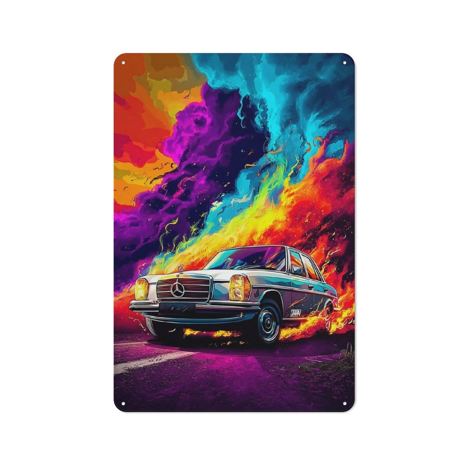 Junmoney Flaming Retro Car Artwork Metal Wall Sign With Design 30X20cm, Loft Style Studio Wall Art For Flat, Bar, Studio Or Gallery Wall