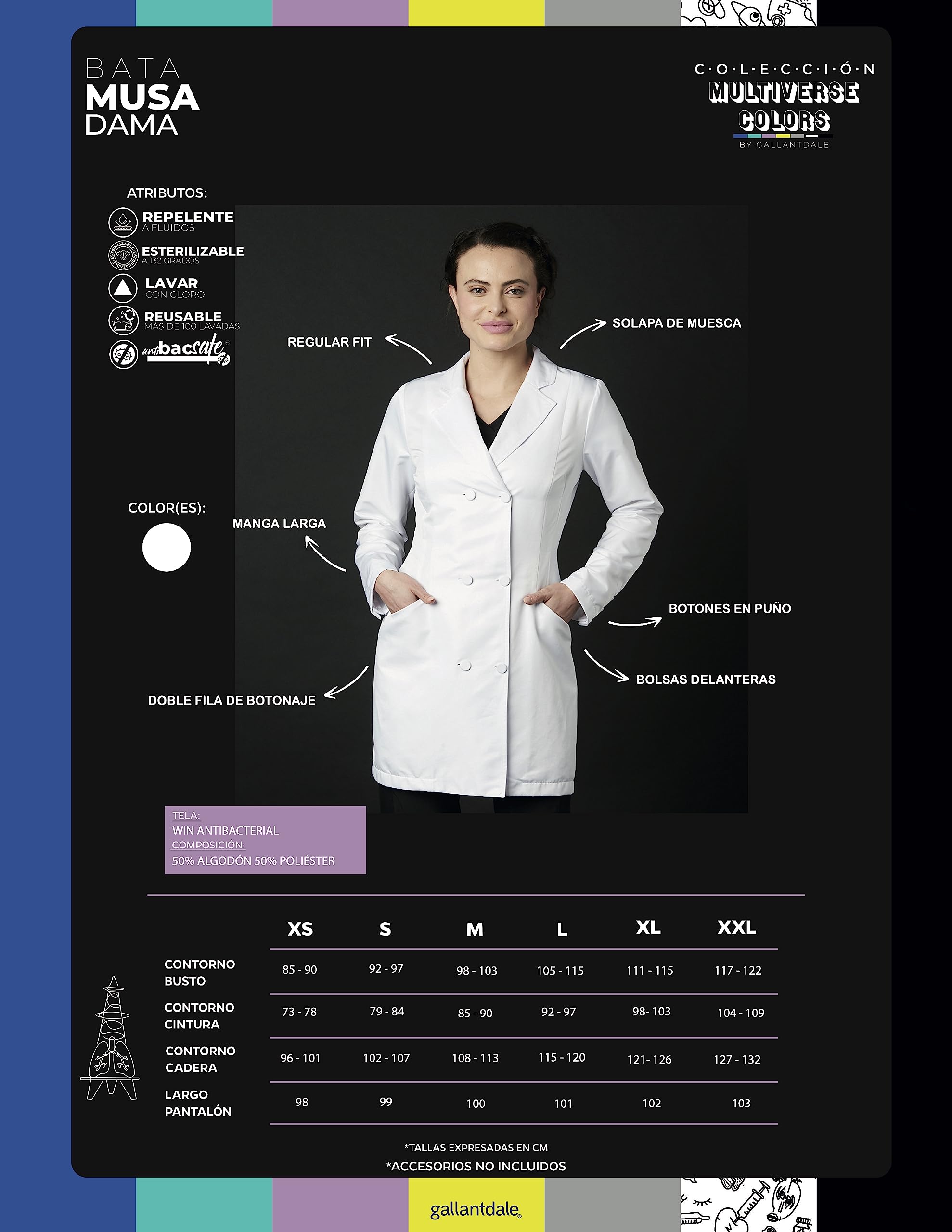 Bata Sanitaria De Trabajo Musa Mujer Repelente Antibacterial Esterilizable Resistente Reutilizable Médico Doctora Laboratorio Escuela Farmacia Color Blanco