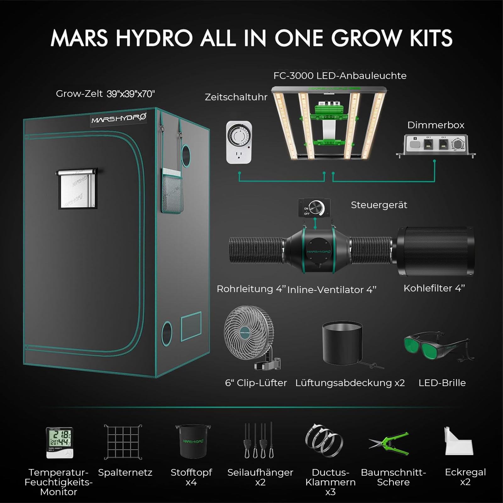 MARS HYDRO - Kit complet de lampe de culture LED Samsung LM301H FC3000 - Réglage par application - Intensité variable - 100 x 100 x 180 cm - 1680D - 1680D - Hautement réfléchissant - Boîte de culture
