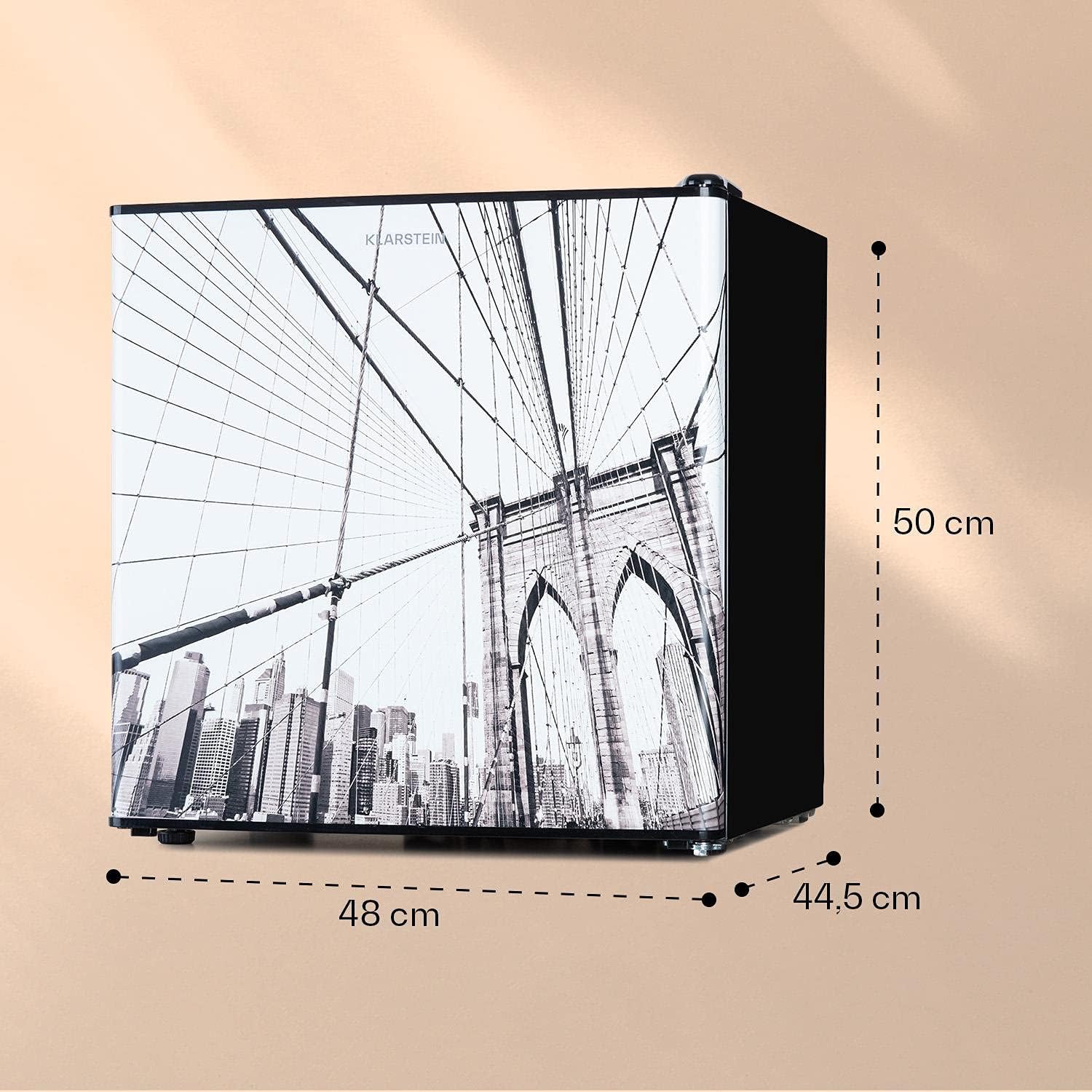 KLARSTEIN CoolArt - Combinazione di Congelatore e Frigorifero, Frigo con 2 Livelli, Design Frontale, Termostato con 5 Livelli, 0-10 °C, Volume: 45 Litri, Motivo: Grande Città