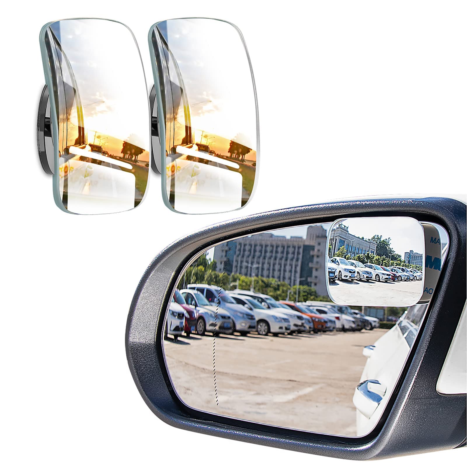 MAKINGTEC Blind Spot Mirror, Rectangle HD Glass Frameless Convex Lens, Rear View Mirrors Exterior Accessories, with Wide Angle Adjustable, Stick for All Universal Vehicles Car Stick-on Design (2 PCS)