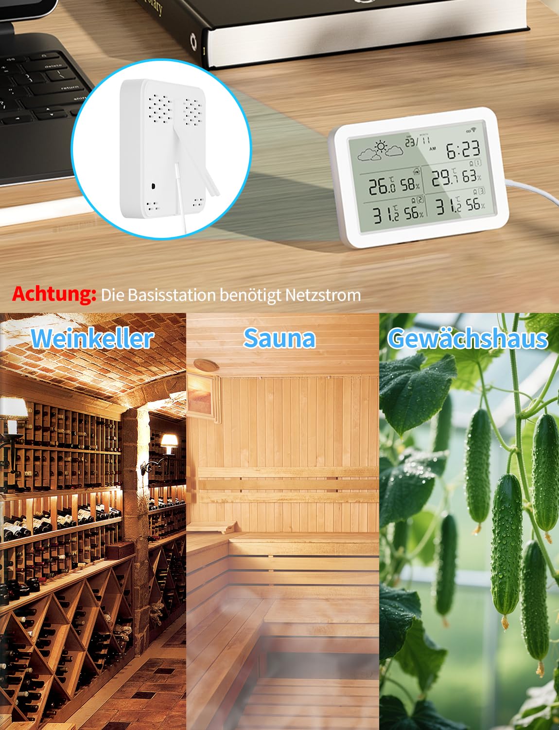 WLAN Thermometer Hygrometer Innen Außen mit LCD-Display, WiFi Temperatursensor mit App, Tuya/Smart Life Kompatibel für Weinkeller, Gewächshaus, 4 Sensoren und 1 Basisstation
