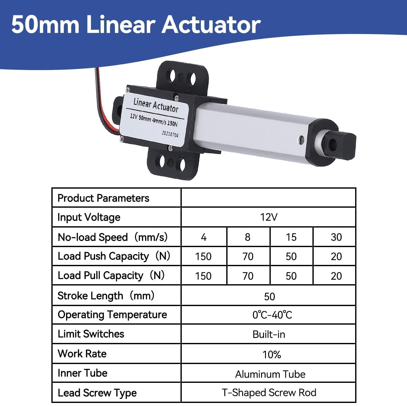 Linearaktuator Mini Electric Linear Motion, 50 mm Linearaktuator, 50mm-4mm/s-150N 12 V DC Mini Electric Linear Actuator Motor Interner Endschalter Lineartechnik-Aktuatoren für die Automobilindustrie