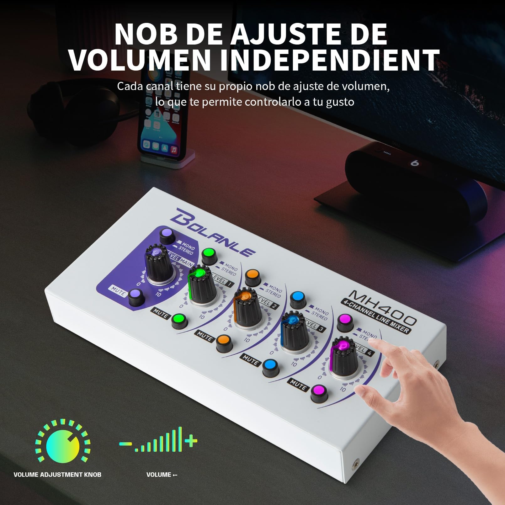 Bolanle MH400 4-Channel Stereo Line Mixer, Ultra Low-Noise Sub-Mixer with Independent Volume & Mute Control - Image 3