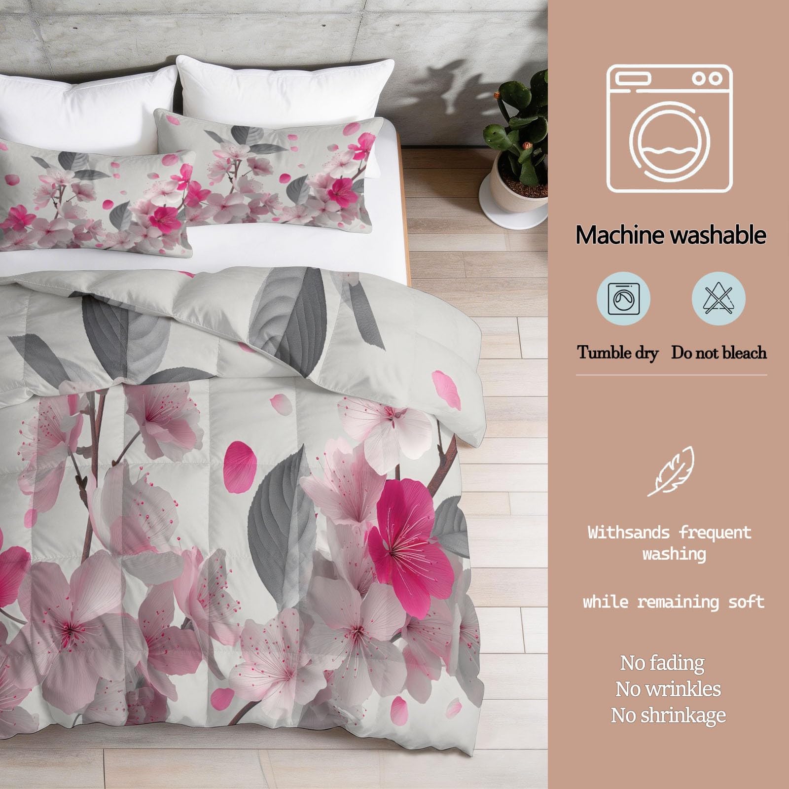 King - Set copripiumino lavabile con 2 federe, 4,5 Tog, grigio e rosa, per tutte le stagioni, leggero, caldo, motivo piante 3D, motivo fiori e foglie, 200 x 220 cm