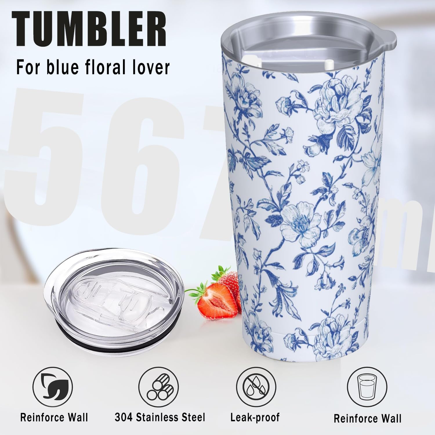 Blue and White Tumbler 20 OZ with Lid and Straw, Insulated Tumbler Cup Mug, Floral Gifts for Men Women - Image 2