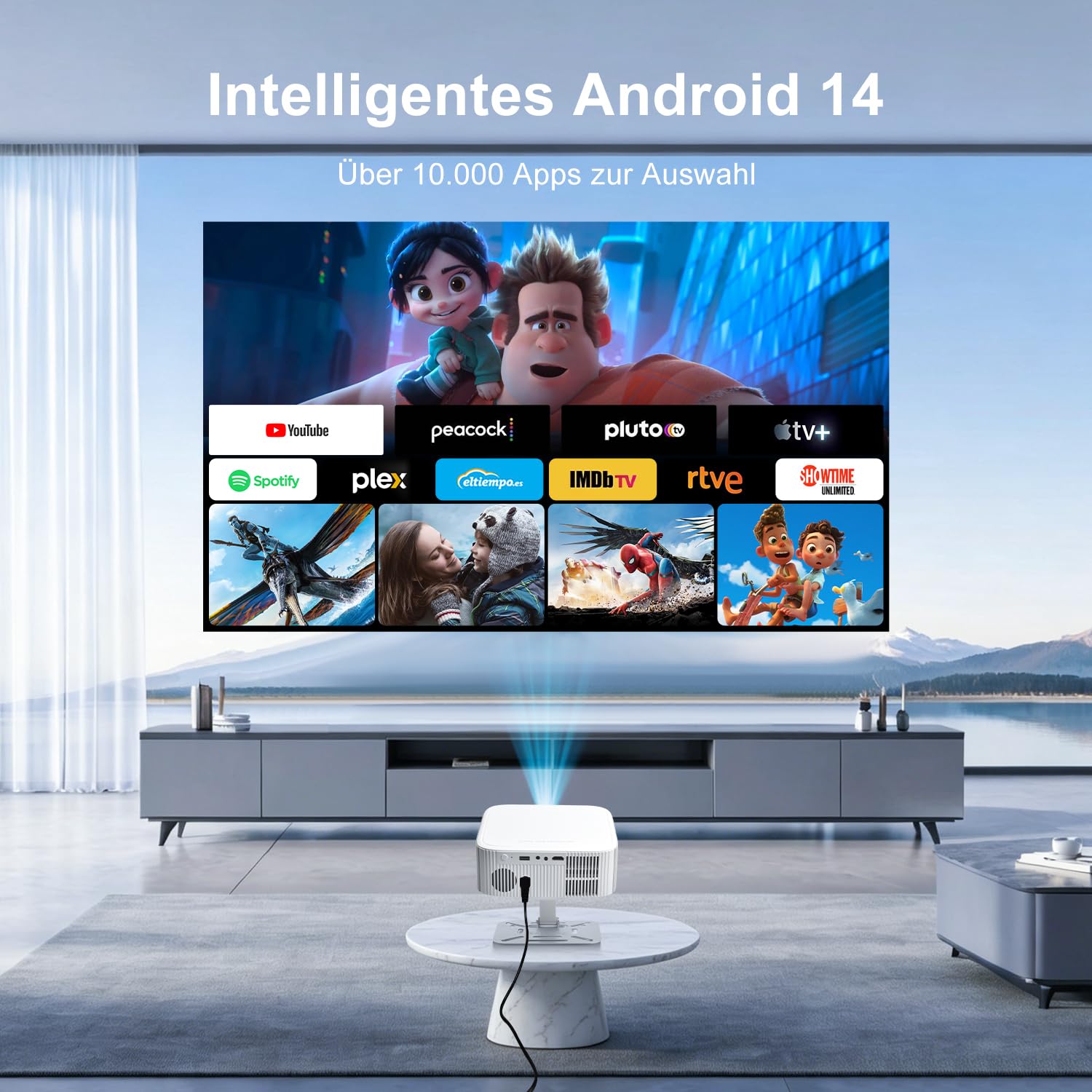 Salange Beamer,Native 1080P Projektor Unterstützt 4K, Android 14 Smart Beamer mit WiFi6 und Bluetooth 5.4 Elektronischer Fokus & Auto Korrektur, One Click Use Built-in YouTube/PrimeVideo/D+