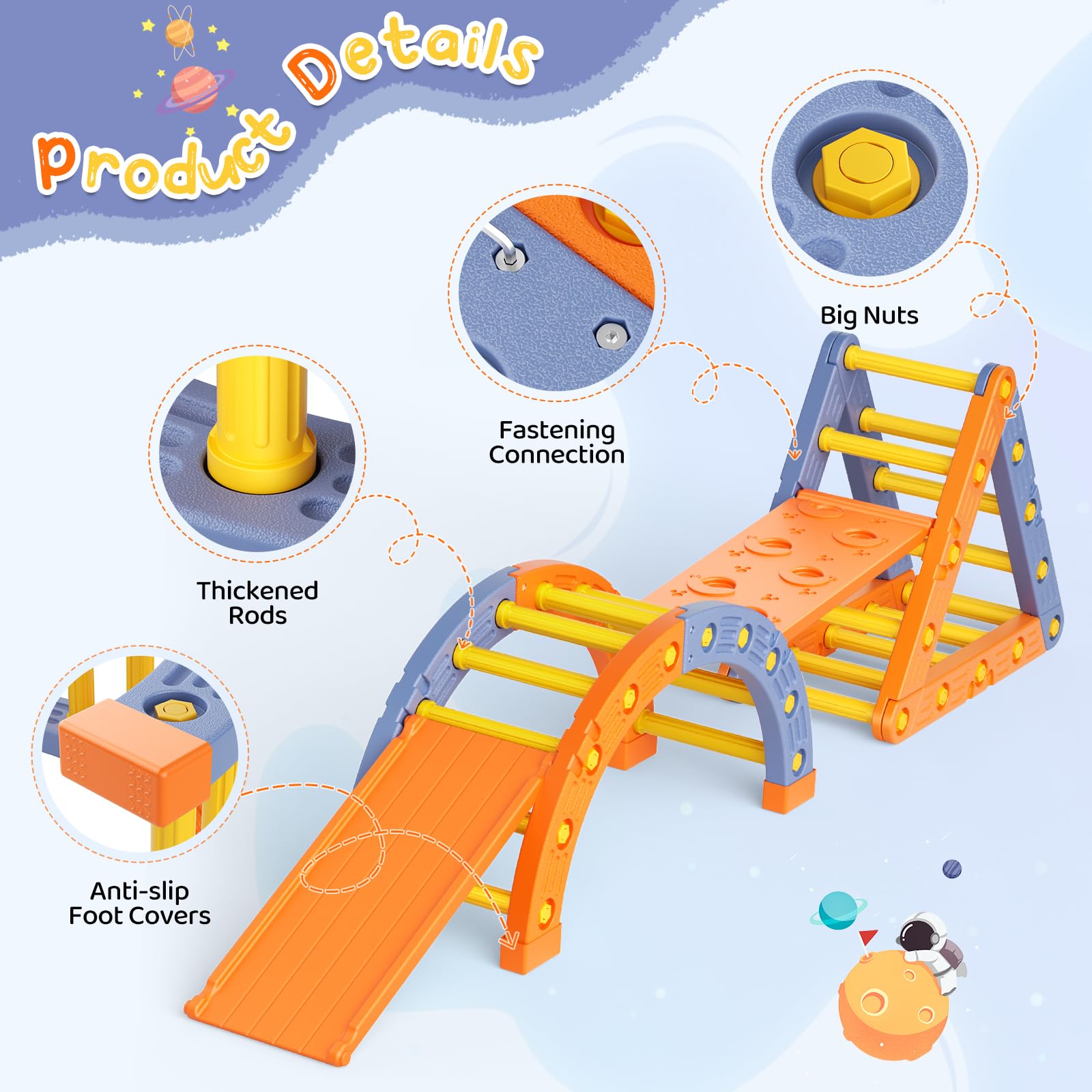 Montessori Klettergerüst Set, Indoor Kletterdreieck mit Dreieckiges Klettergerüst,Halbkreis, Leiter,Rutsche aus Kunststoff Kletterturnhalle für Babys (Orangeblau 005)