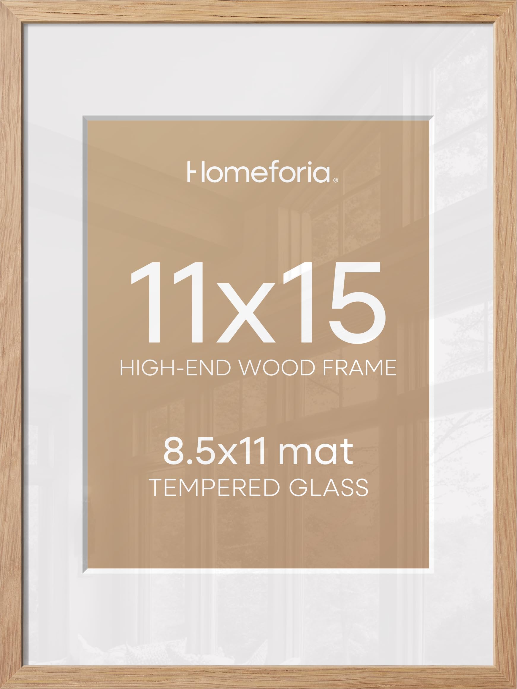 Homeforia 11x15 Natural Oak Picture Frame, High-End Wood, 8.5x11 Mat, Glass | High End Solid Oak Wood, Tempered Glass, Acid-Free 8.5x11 Removable Mat, 11x15 Edge-to-Edge Display 15x11, Wall Kit, Set Of 3