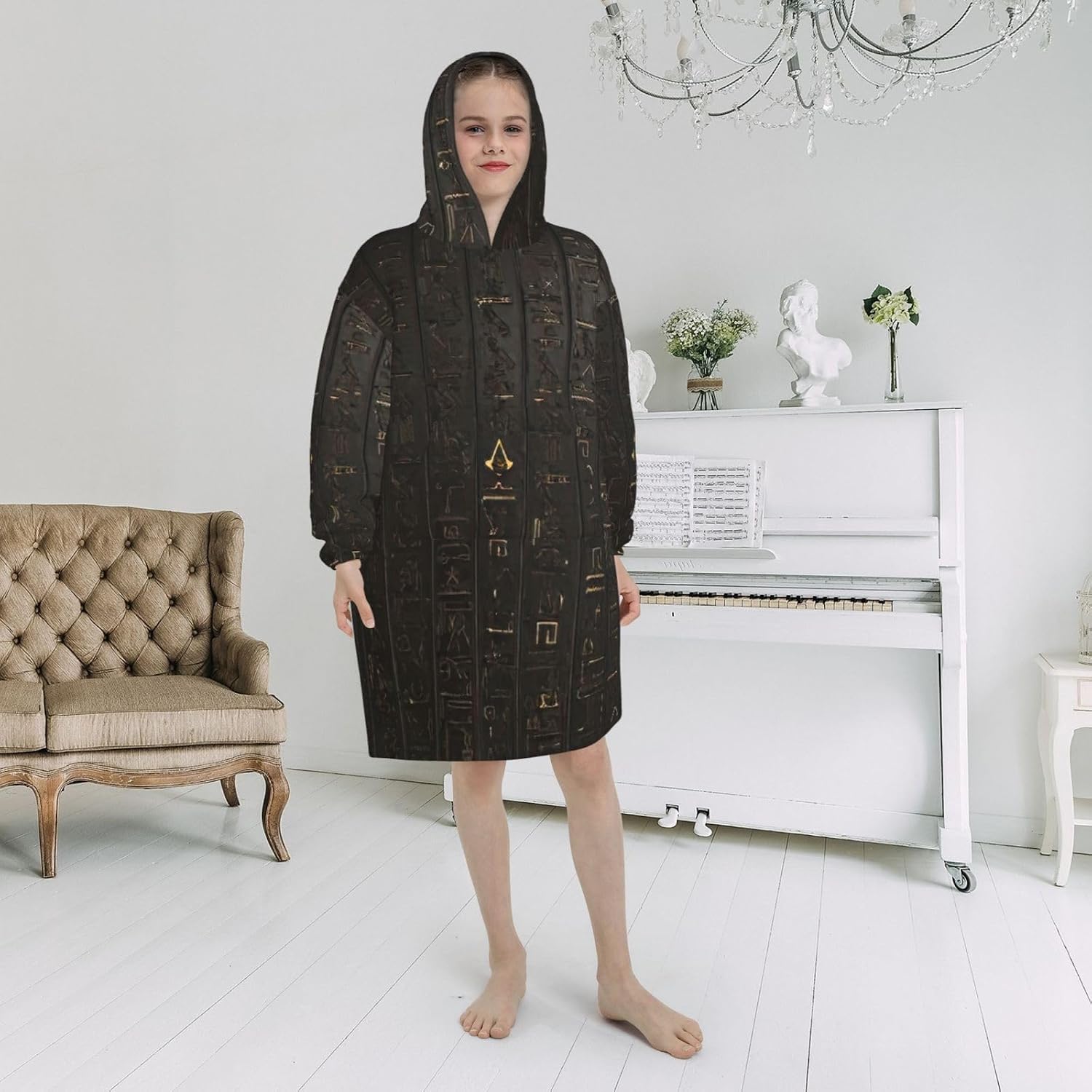 Ancient Egyptian Hieroglyph Print Oversized Blanket Hoodie, Wearable Blanket Hooded,Hooded Pullover With Pocket