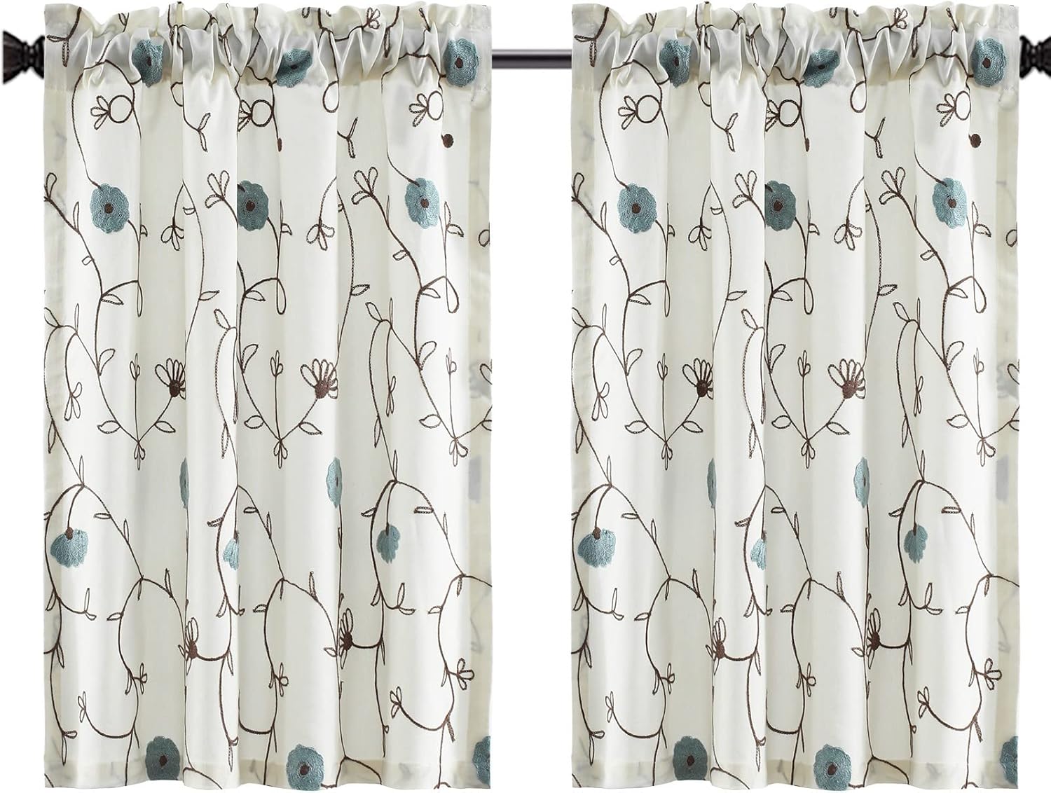 (Similar To photo)VOGOL Blue & White Tier Curtains, 30 Inches Length Tiers for Kitchen Cafe Windows, Blue Blossom Embroidered Half Bathroom Window Curtain Panels, Rod Pocket, 2 Pieces, 30 x 30