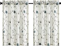 Vista 39 de VOGOL Cortinas bordadas de hojas, cenefas texturizadas de lino estilo rústico para ventana de cocina, patrón de hojas con bolsillo para barra