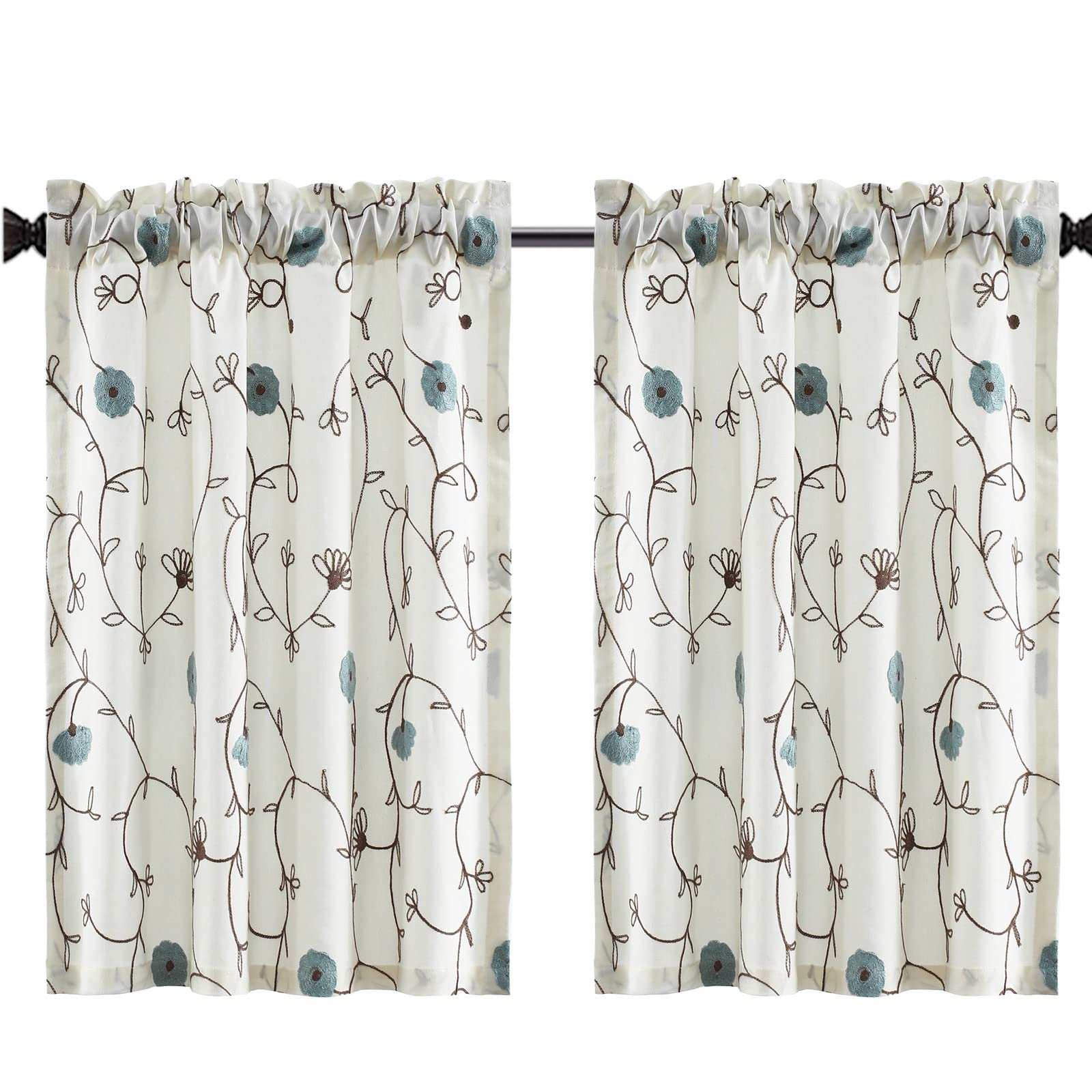 VOGOL Blue & White Tier Curtains, 30 Inches Length Tiers for Kitchen Cafe Windows, Blue Blossom Embroidered Half Bathroom Window Curtain Panels, Rod