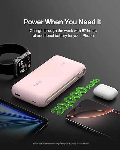 Miniatura 7 de Belkin Cargador portátil, banco de energía con cable integrado de 20000 mAh 30 W - Carga rápida USB C Power Delivery - iPhone 17, Air, Pro, Pro Max,