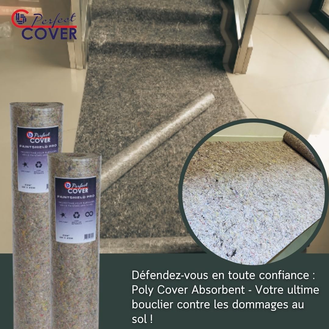 Perfect Cover Schildersvlies Pro - Rouleau de Protection de Sol Haute Qualité - Non-Tissé Résistant aux Liquides - Antidérapant et Robuste - Idéal pour Travaux de Peinture et de Rénovation (1m x 50m)