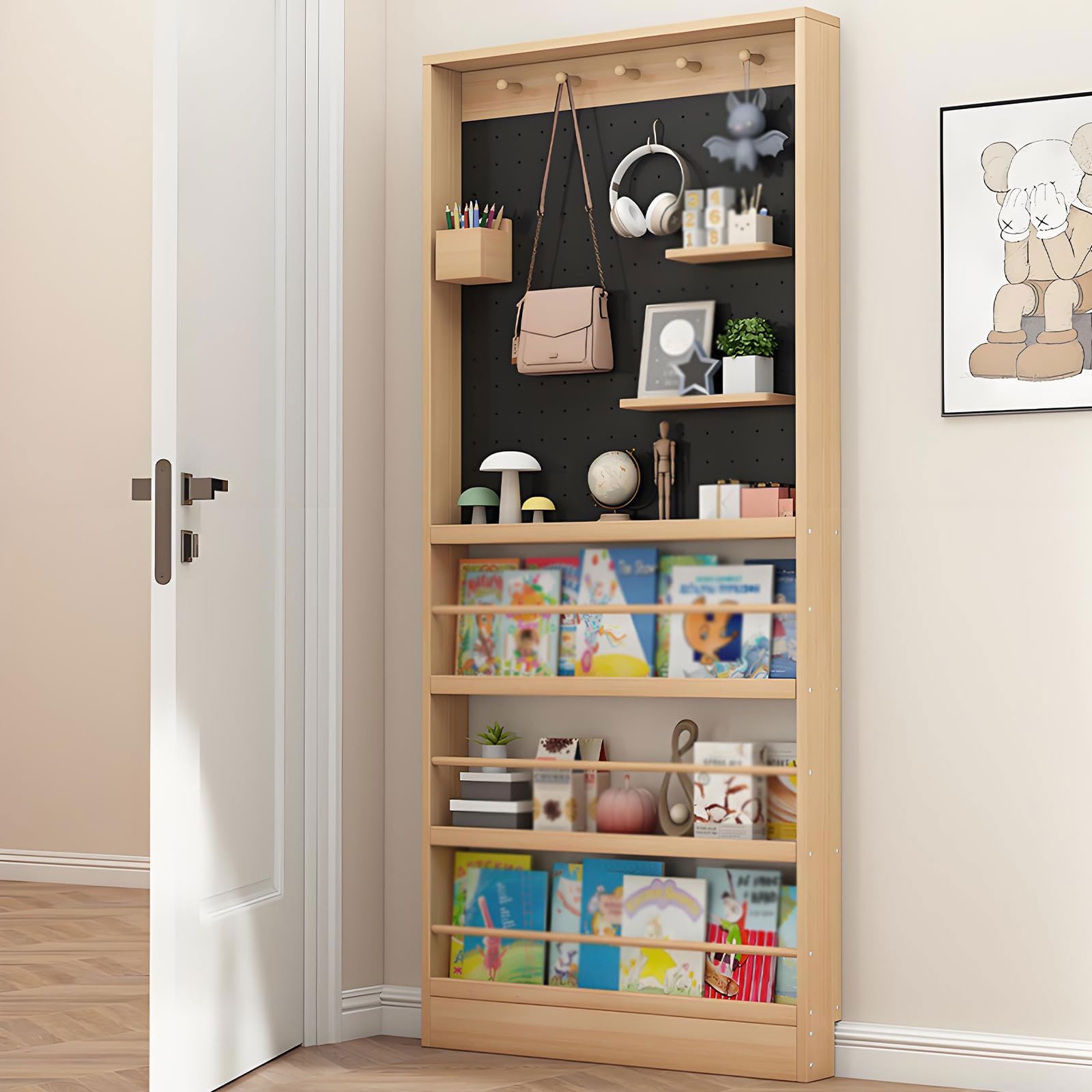LINLIUA Behind The Door Bookshelf Wall Mount, Wooden Bookshelf, Space-Saving Hidden Storage Behind Door with Perforated Board, Toy Storage for Living