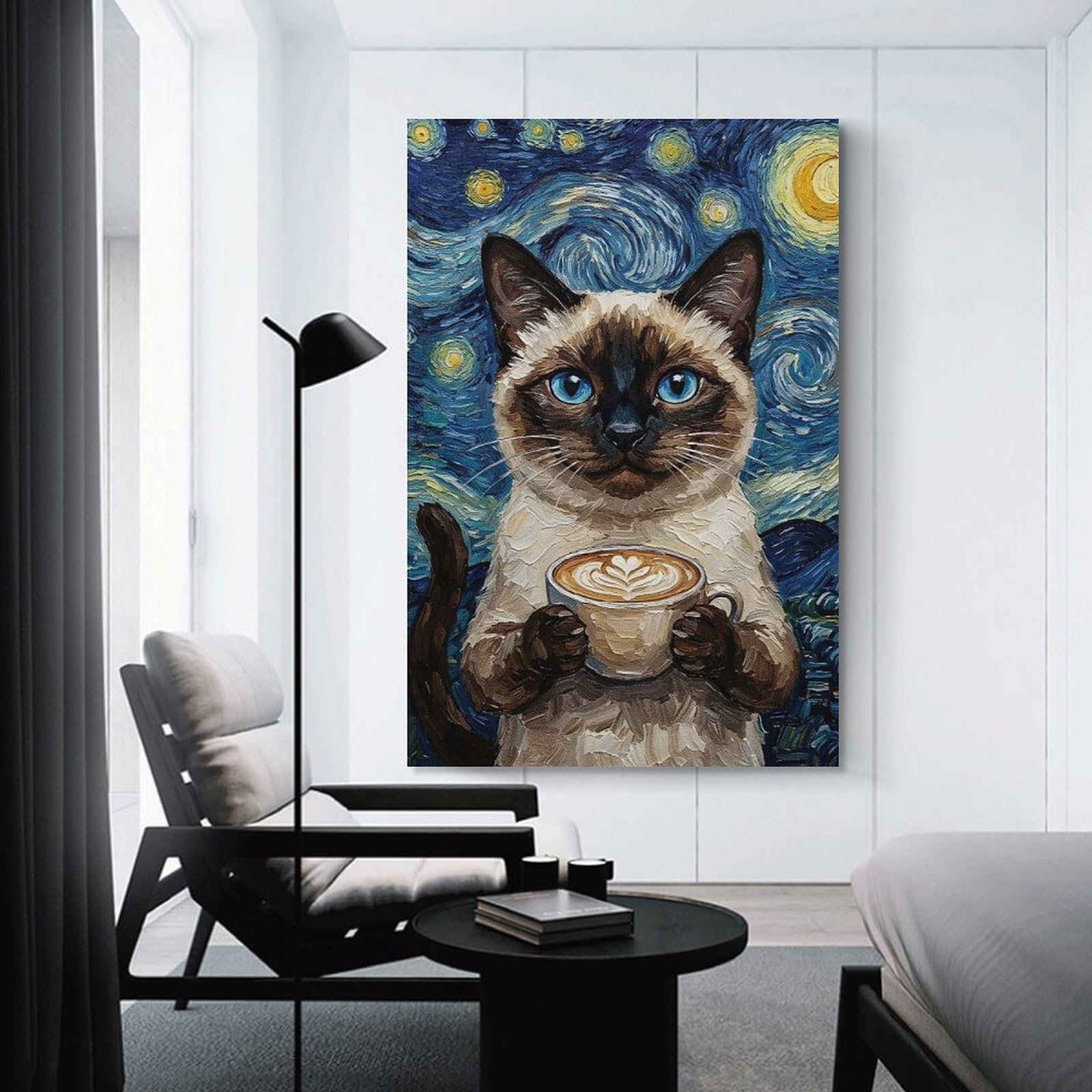 Junmoney Unframe-Style-21 Siamese Cat With Coffee, Starry Night Home Decor Wall Art 16X24inch(40X60cm), For Gallery Wall Layouts In Home Or Office, A Versatile Canvas Print For Layering