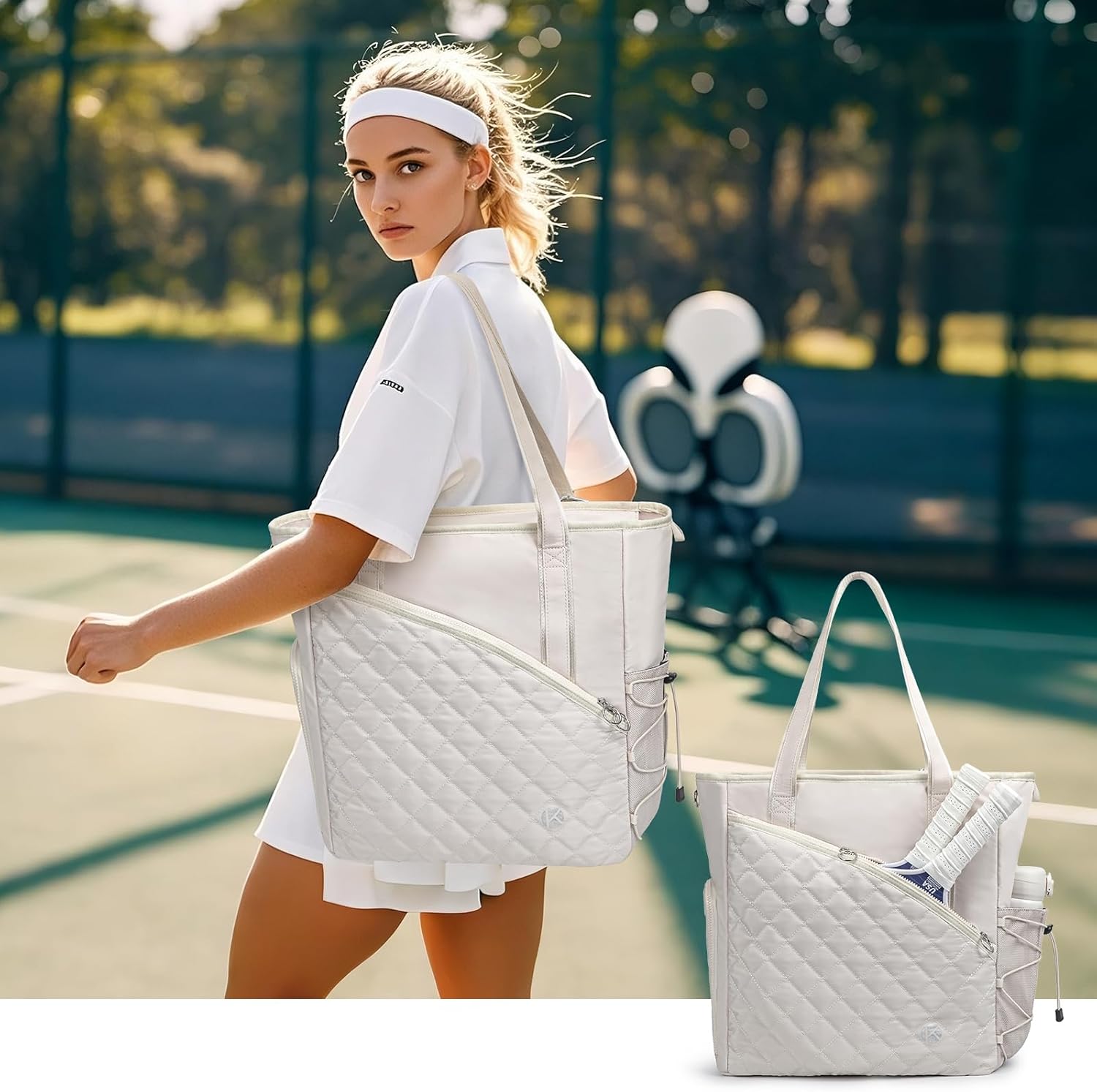 Pickleball Tote Bag for Women with Fence Hook, Quilted Pickleball Bag Holds 3-4 Paddles with Shoe Compartment & Wet Pocket - Image 2