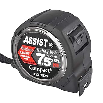 25FT Measuring Tape by ASSIST-Easy Read Double Side Printing with Metric and Inches 2.6m Level Standout Blade,Heavy Duty Shock Absorbent Rubber Case-for Construction Surveyor