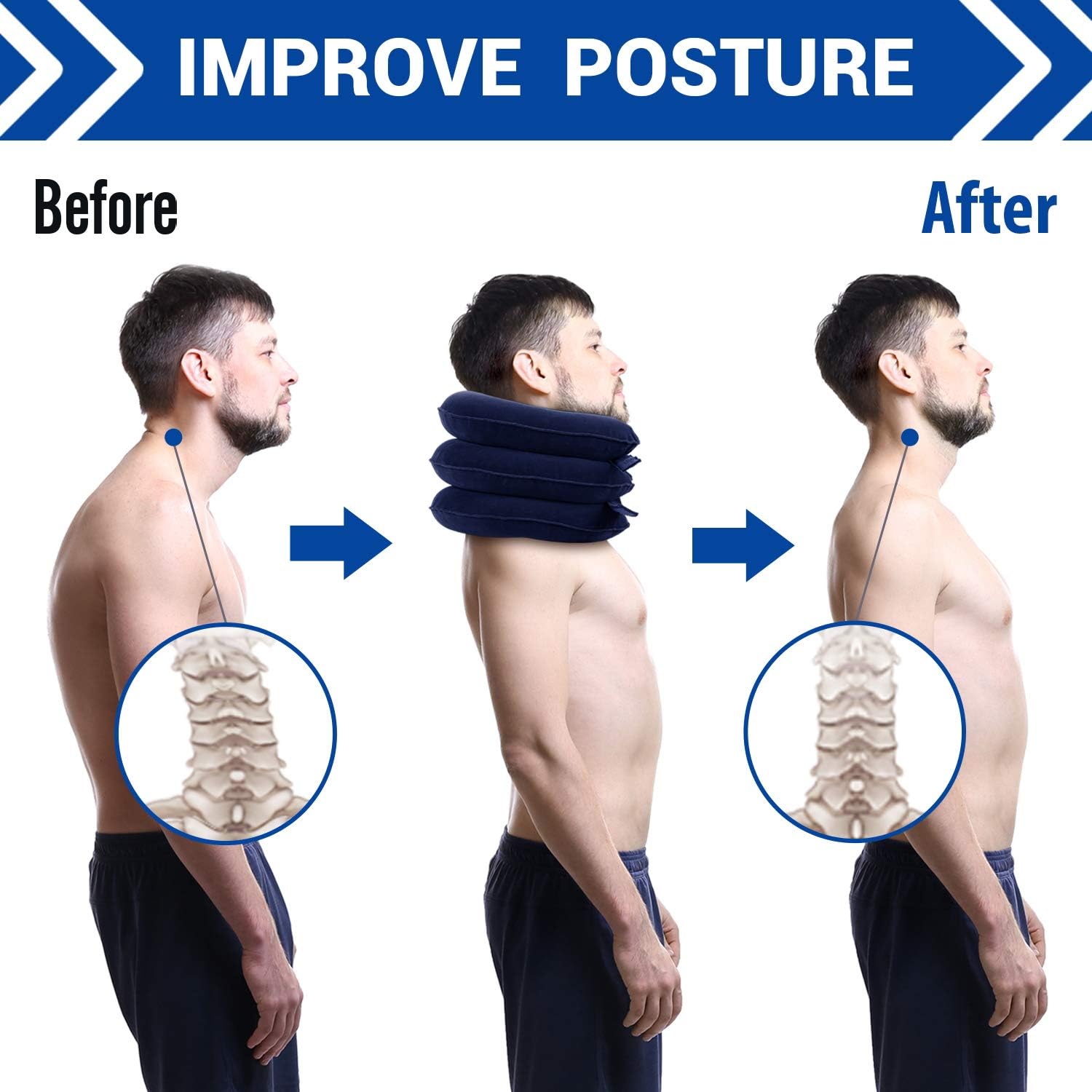 RAKZU Cervical Neck Traction Device Inflatable Adjustable Neck Collar Device, Neck Support Stretcher Relief Spine Alignment Neck Traction Pain Relief for Home Office Neck Decompression (Dark Blue)
