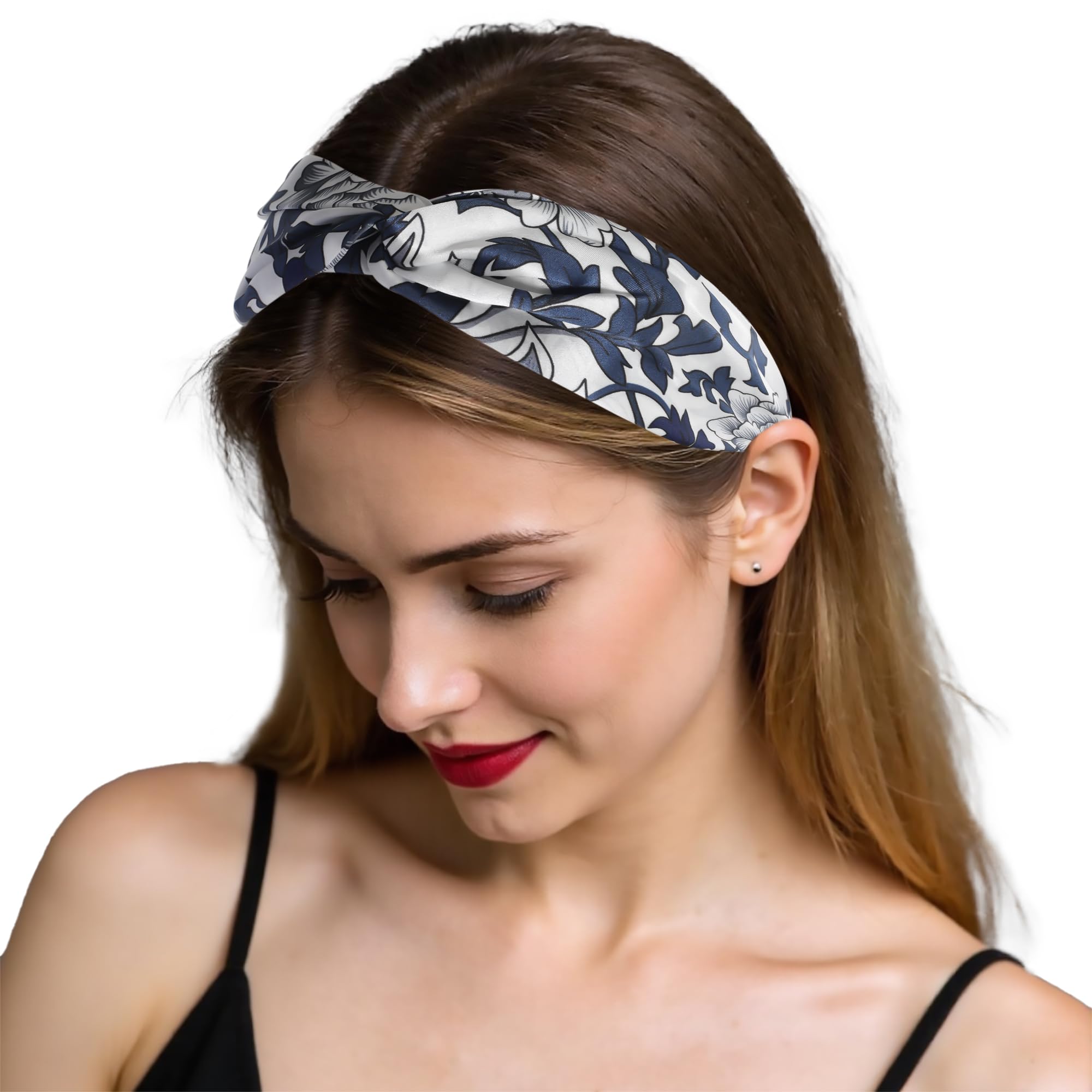 ZLYC Bandeau torsadé en soie de mûrier pour femme (fleuri, bleu marine et blanc) - Taille unique
