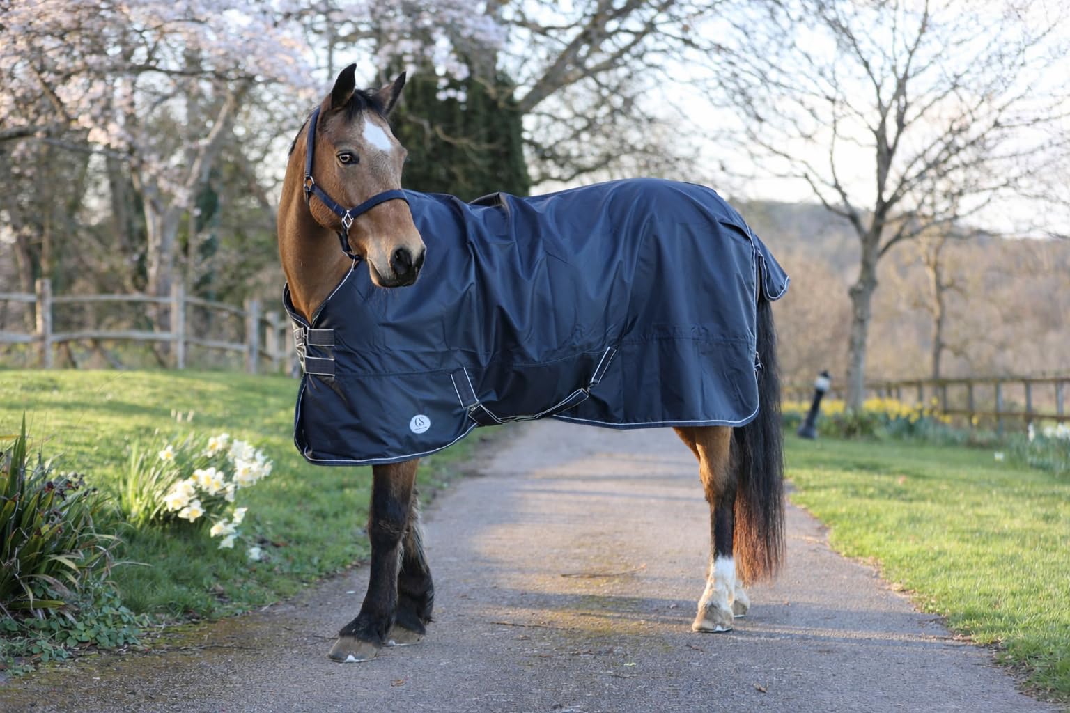 GS Equestrian 0g 840 Denier Combo Neck Turnout Rug – Waterproof & Breathable Horse Rug with Cotton Lining, Tail Flap & Surcingles – Lightweight Rain Sheet (Navy/Navy Light Grey, 6'0)