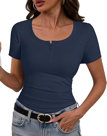 JUSTFASHIONNOW Short Sleeve Henley Shirts for Women Ribbed Tops Scoop Neck T Shirts Casual 2026 Trendy Summer Slim Fit Blouse