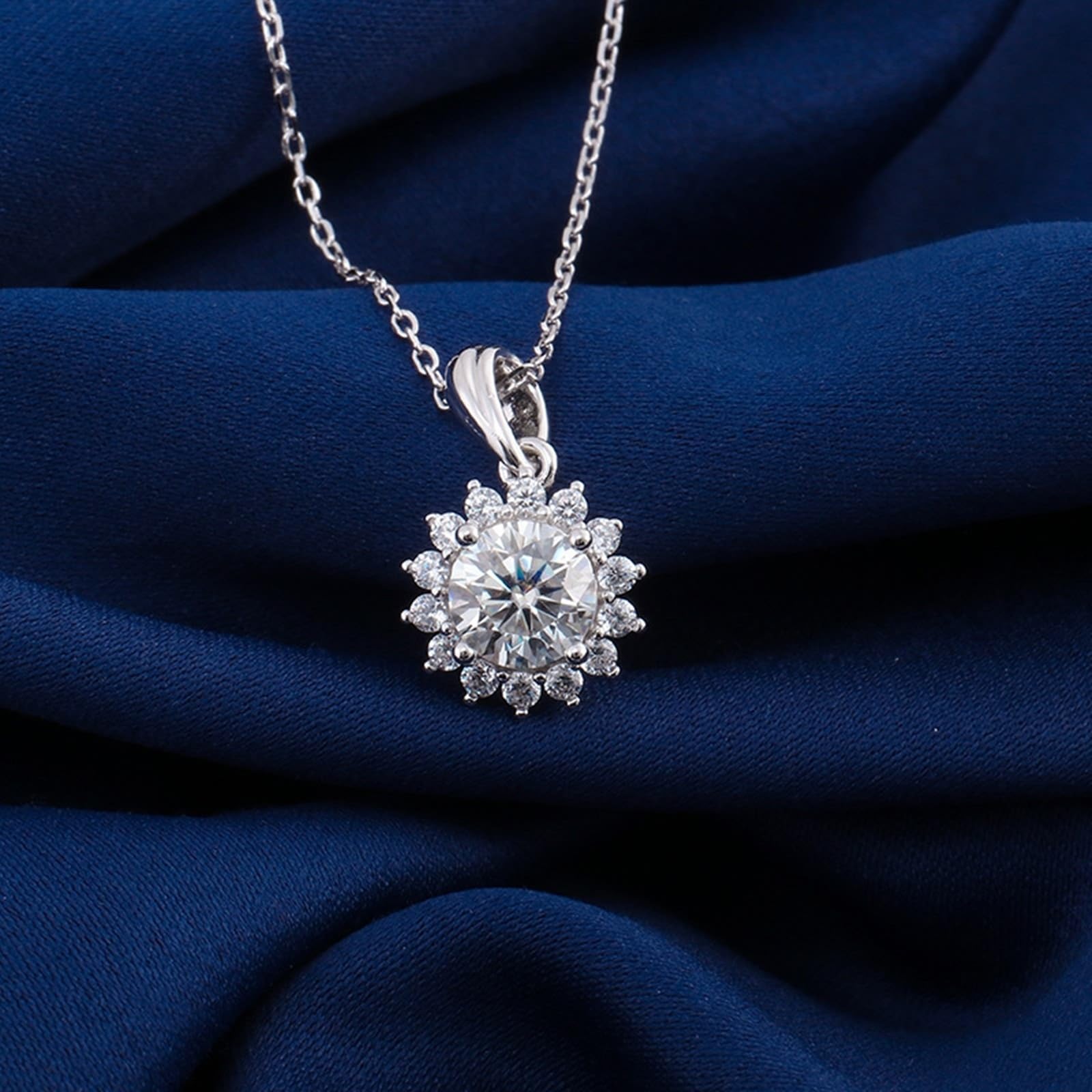 Halskette aus 9-karätigem/14-karätigem/18-karätigem Weißgold für Damen, 1 Karat Moissanit-Sonnenblumen-Edelstein-Anhänger, Schmuckkette, Länge 45,7 cm