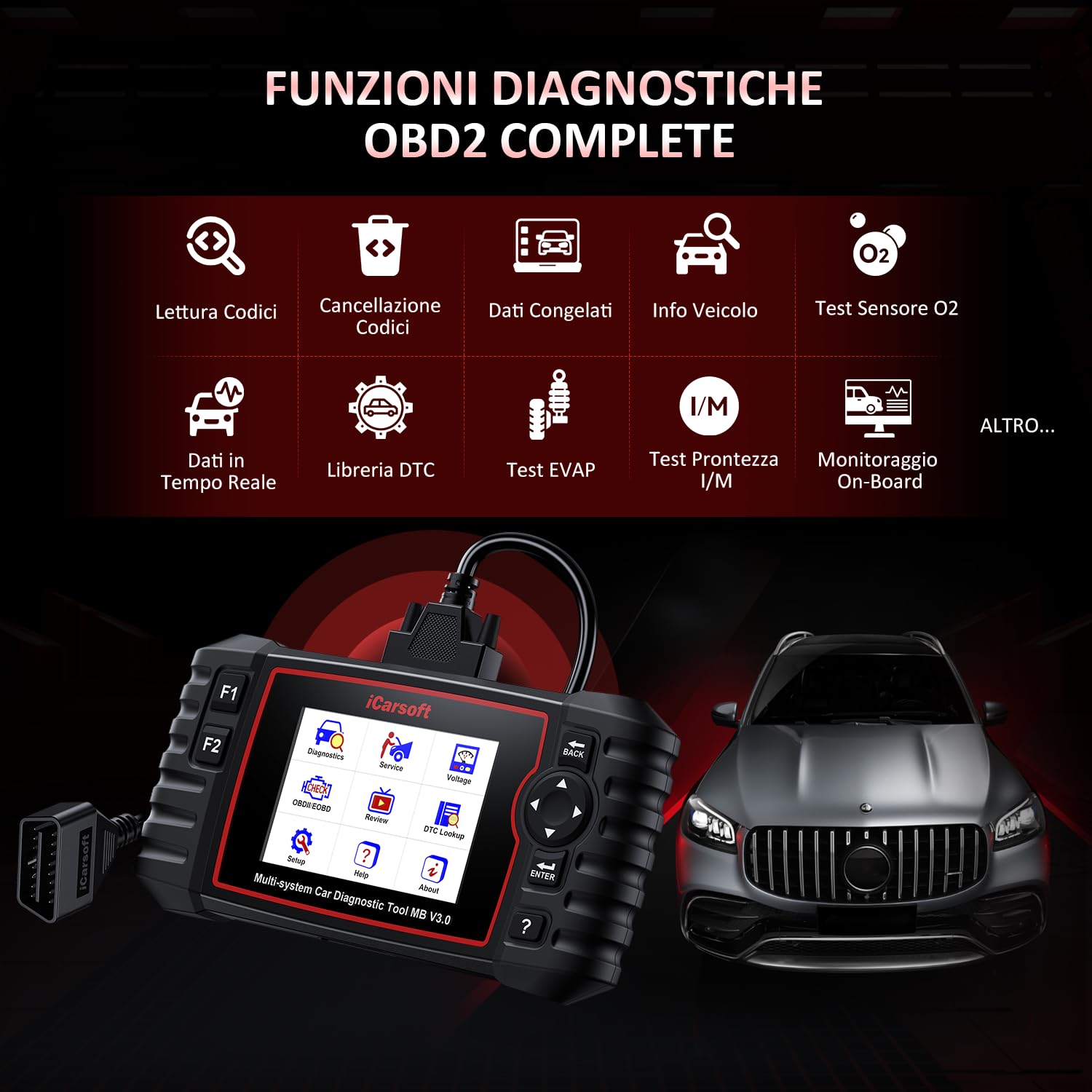iCarsoft MB V3.0 OBD2 Auto Diagnostica per Ben.z/Sprinter/Smart, Diagnosi Auto Professionale in Italiano per Tutti i Sistemi, 35 Funzioni di Ripristino, Test Bidirezionale, Aggiornamento a Vita