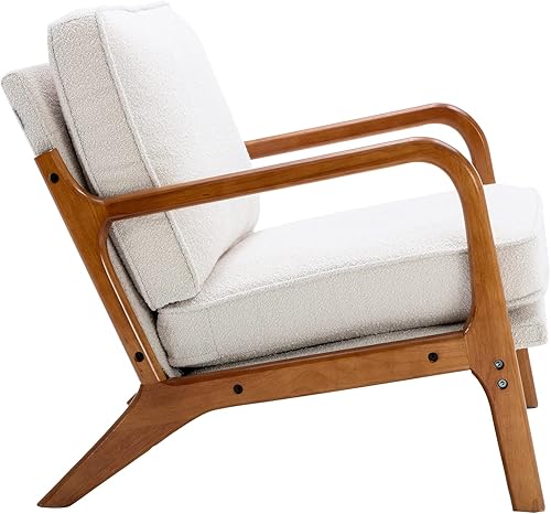 Miniatura 4 de Silla decorativa Mid-Century con marco de madera, silla tapizada con cojín suave para sala de estar, dormitorio, sala de espera, beige
