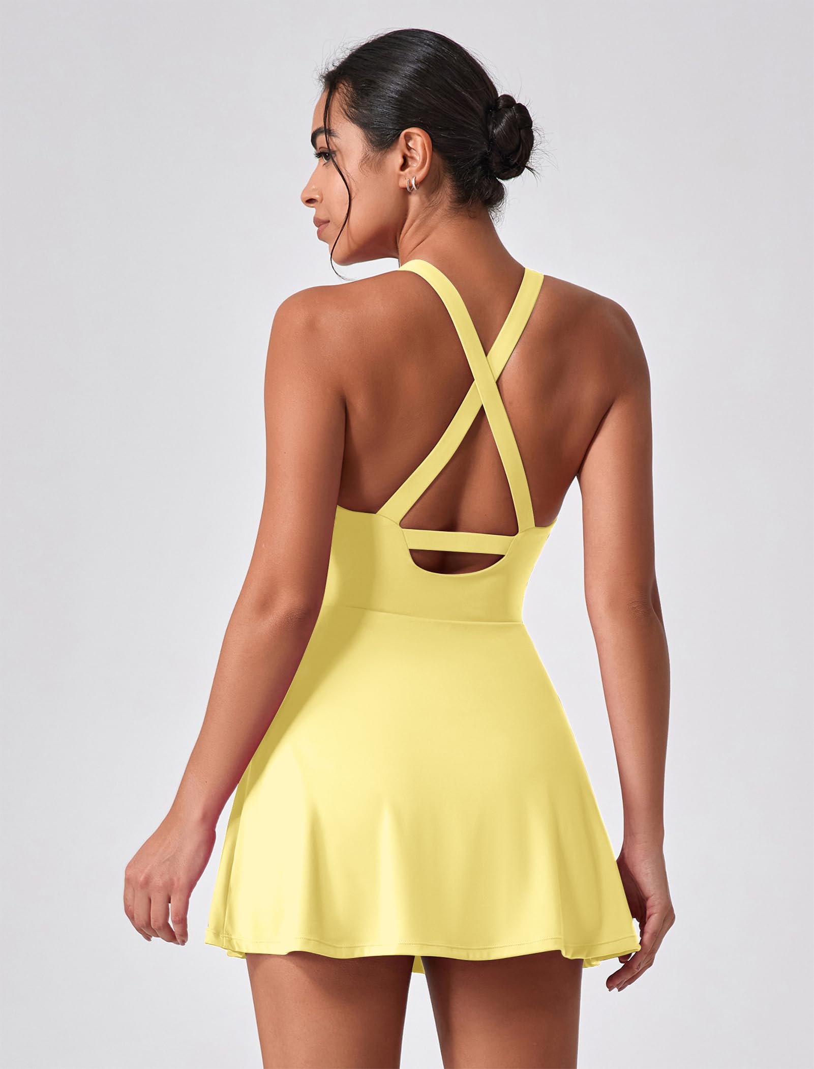 Robe de tennis pour femme - Sans manches - Dos croisé - Avec soutien-gorge intégré et short - Avec poches - Mini robe d'été - Robe de golf - Robe d'entraînement